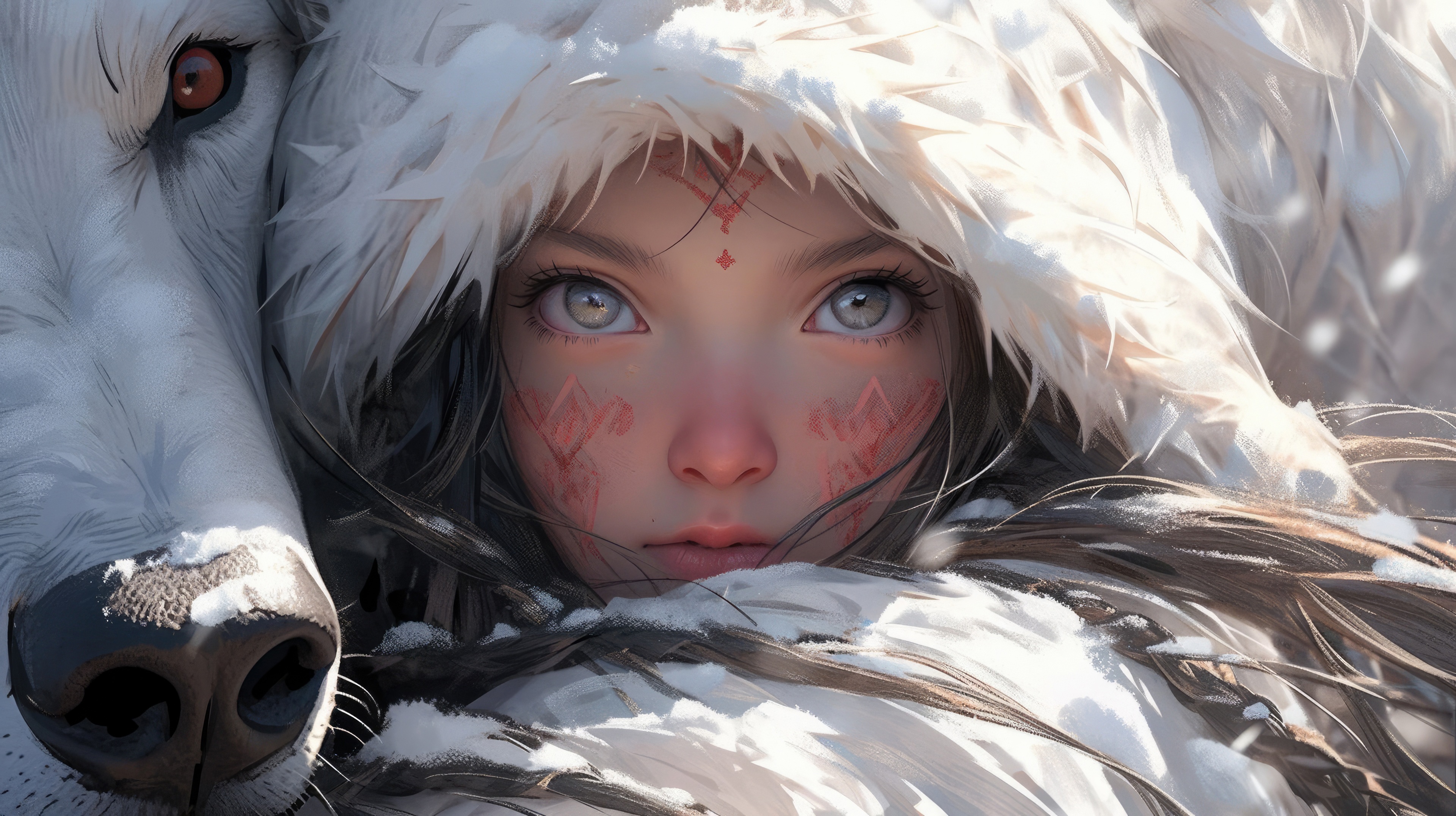 Girl with wolf in winter HD Wallpaper