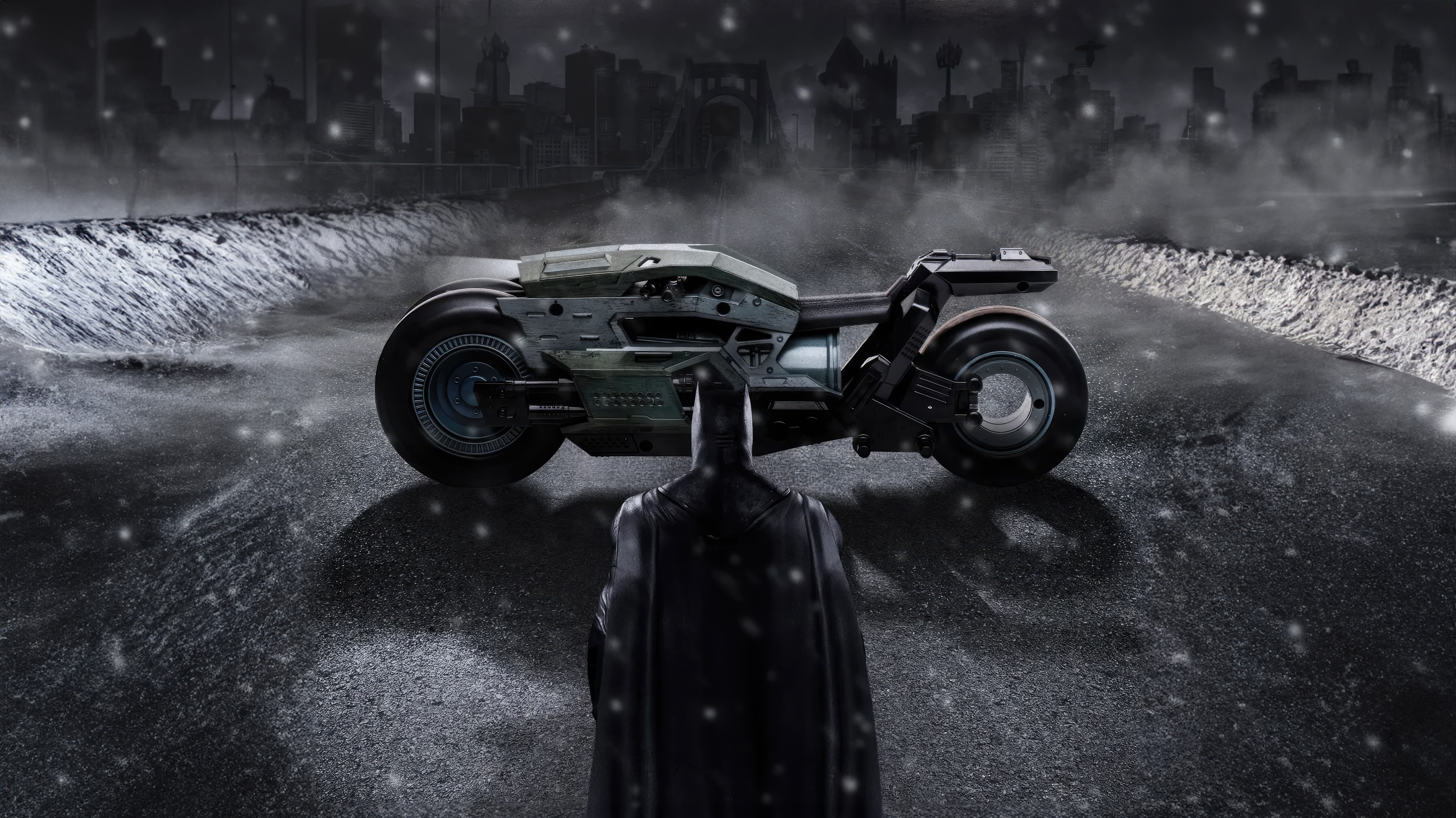 Batman and Batcycle in a snowy city HD Wallpaper