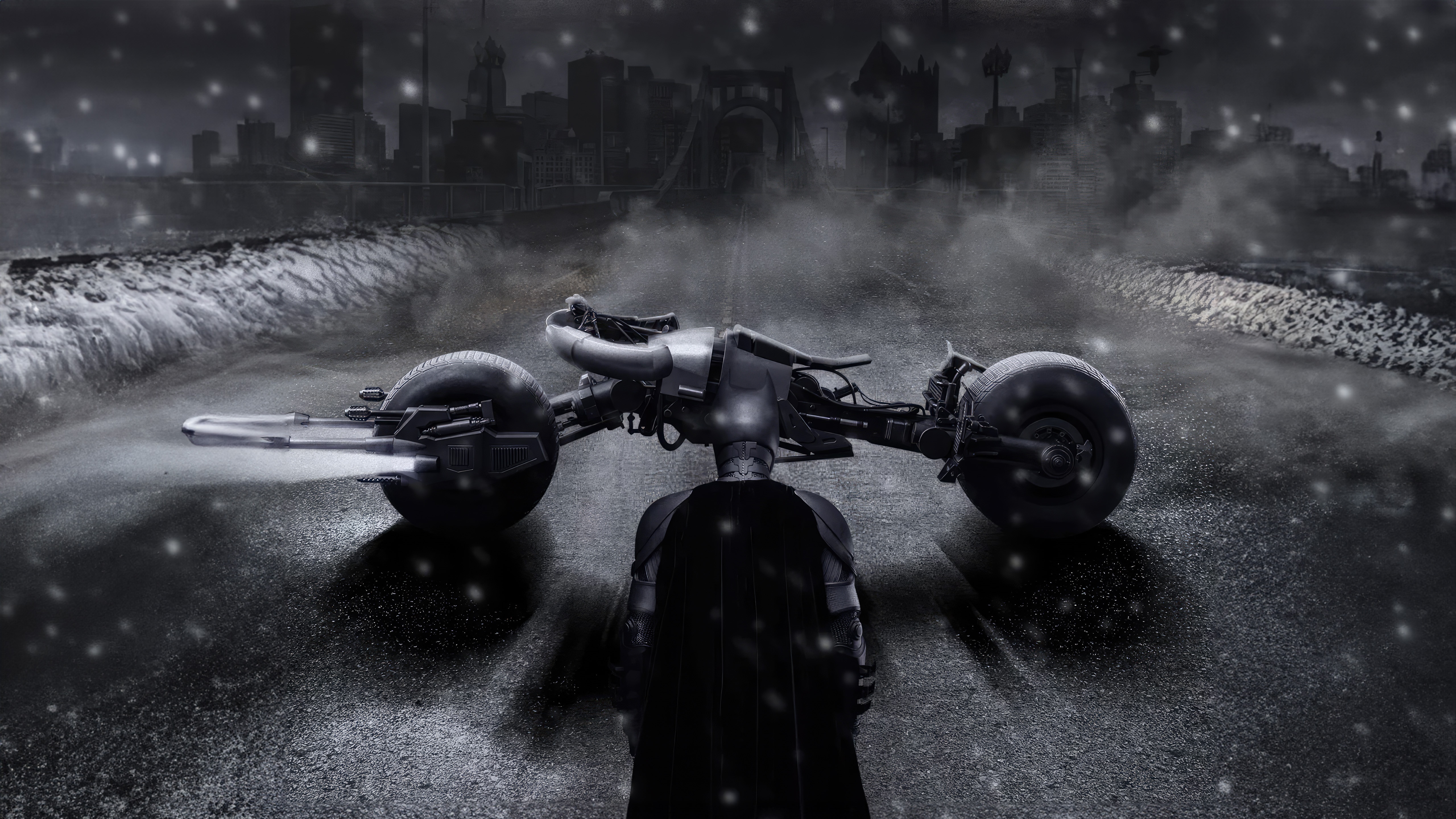 Batman on Batcycle in a snowy city HD Wallpaper