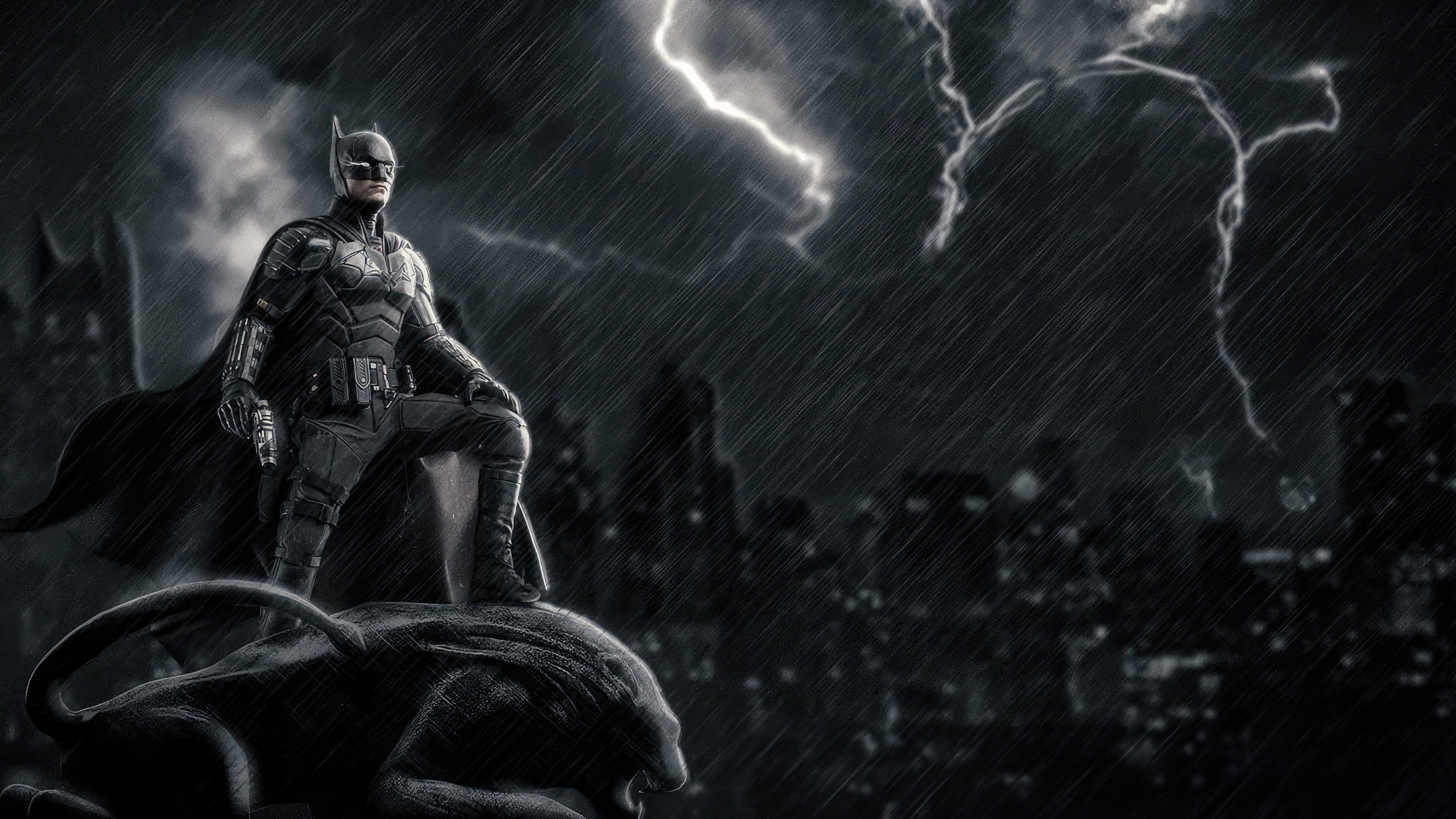 Batman standing on a gargoyle in the rain with lightning HD Wallpaper