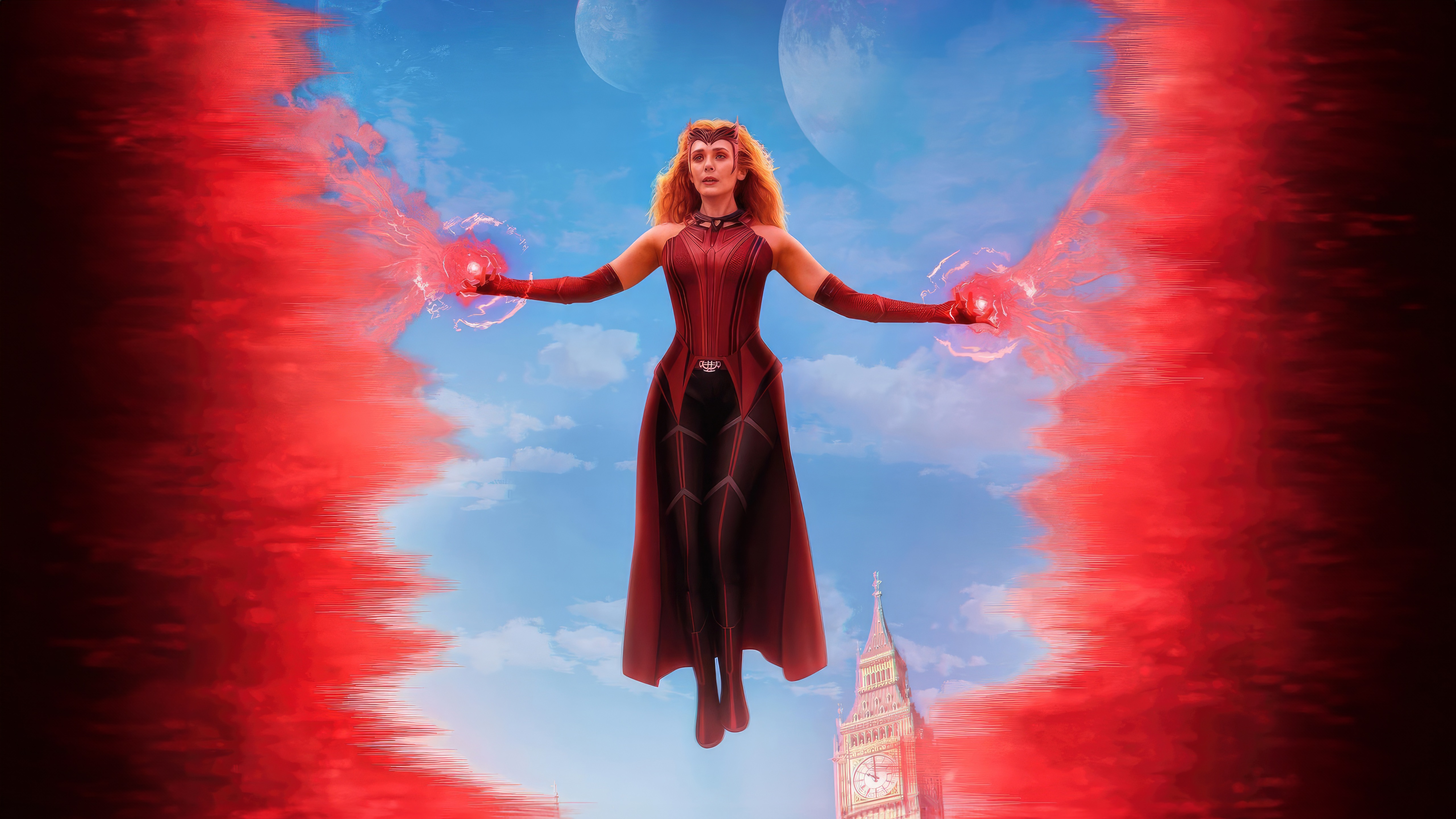 Scarlet Witch in front of Big Ben and moons HD Wallpaper