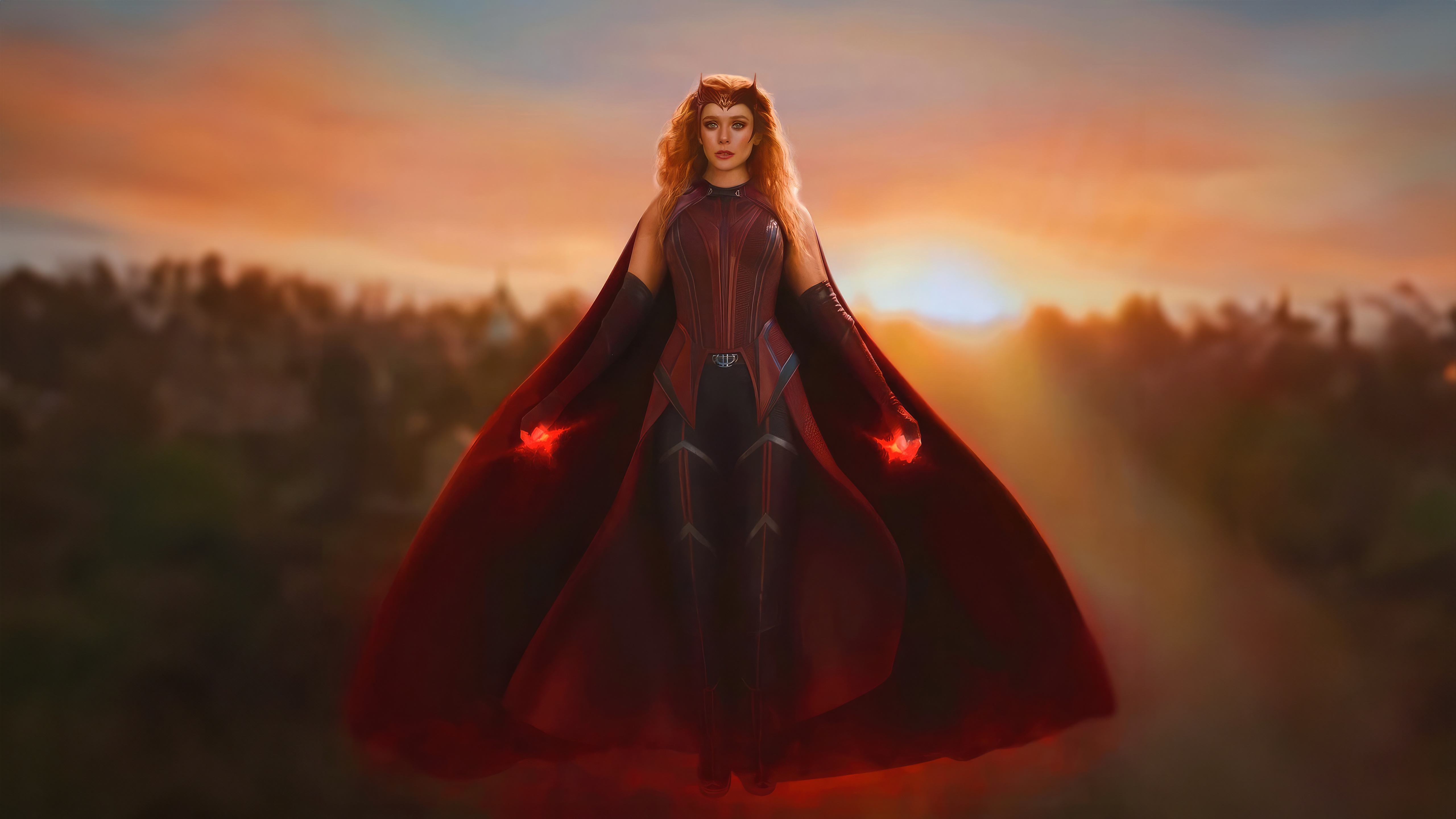 Scarlet Witch with red energy at sunset HD Wallpaper