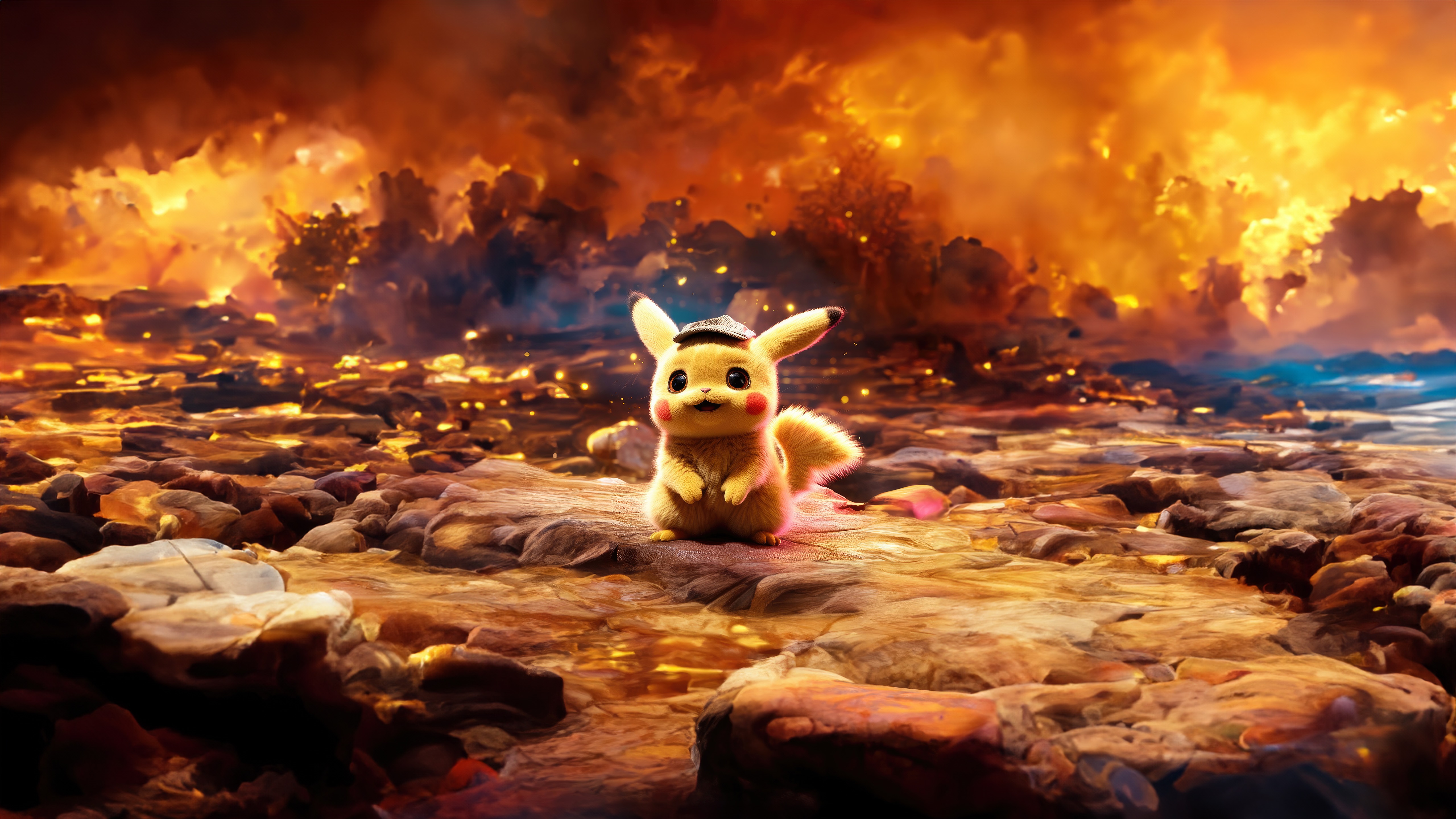 Pikachu in a fiery landscape HD Wallpaper