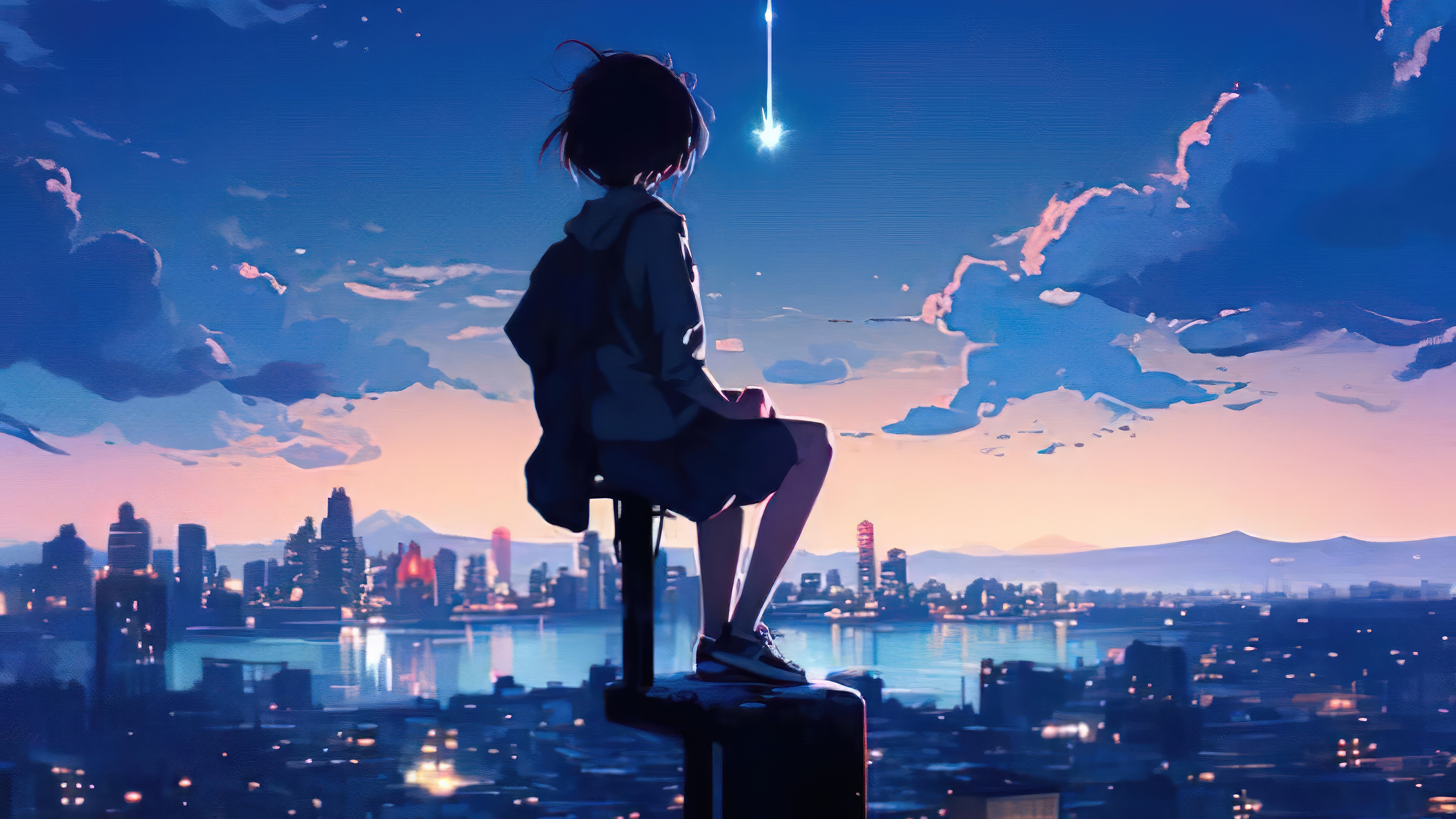 Anime girl sitting on a rooftop overlooking a city at dusk HD Wallpaper