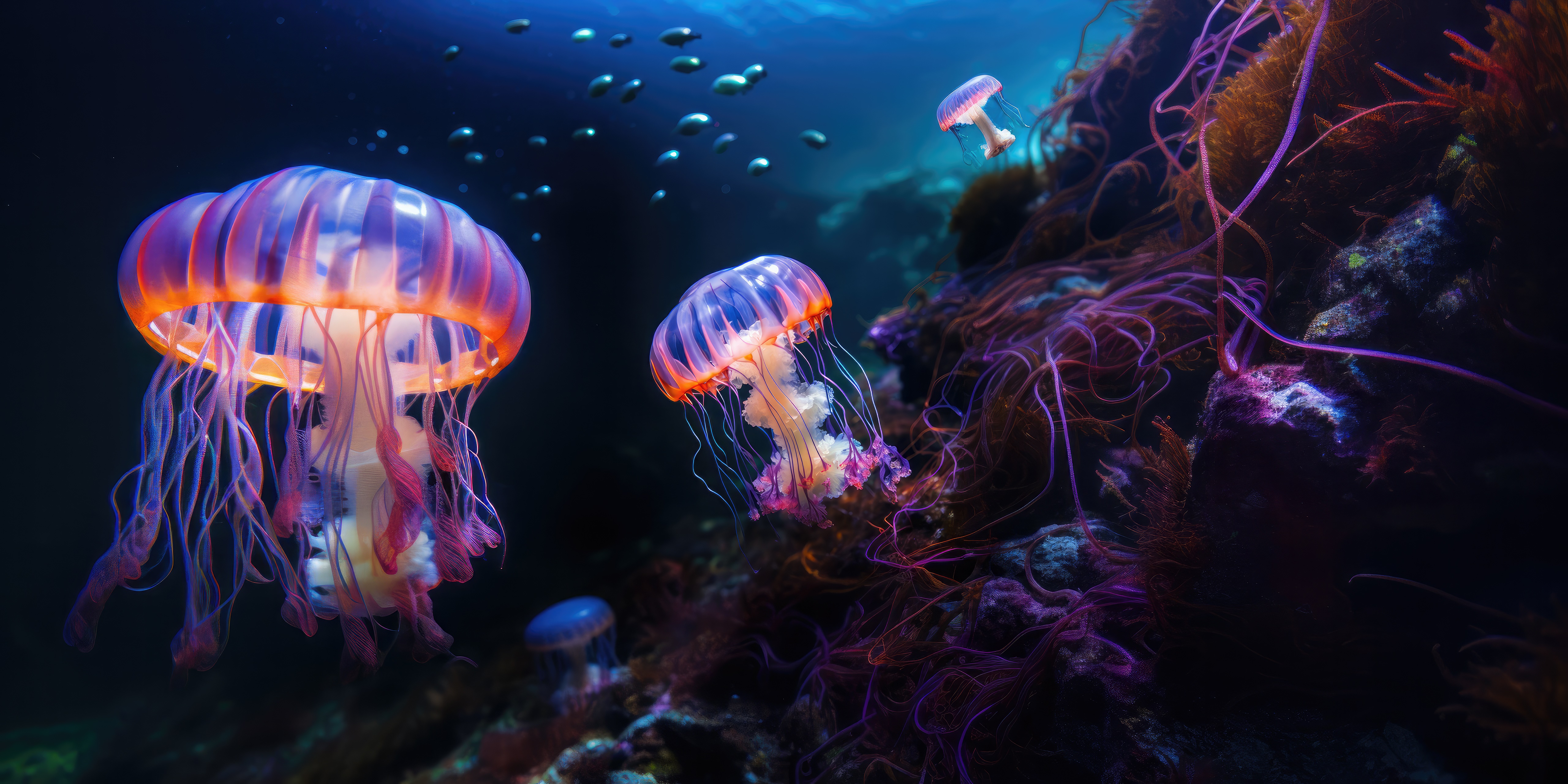 Jellyfish swimming underwater in a coral reef HD Wallpaper