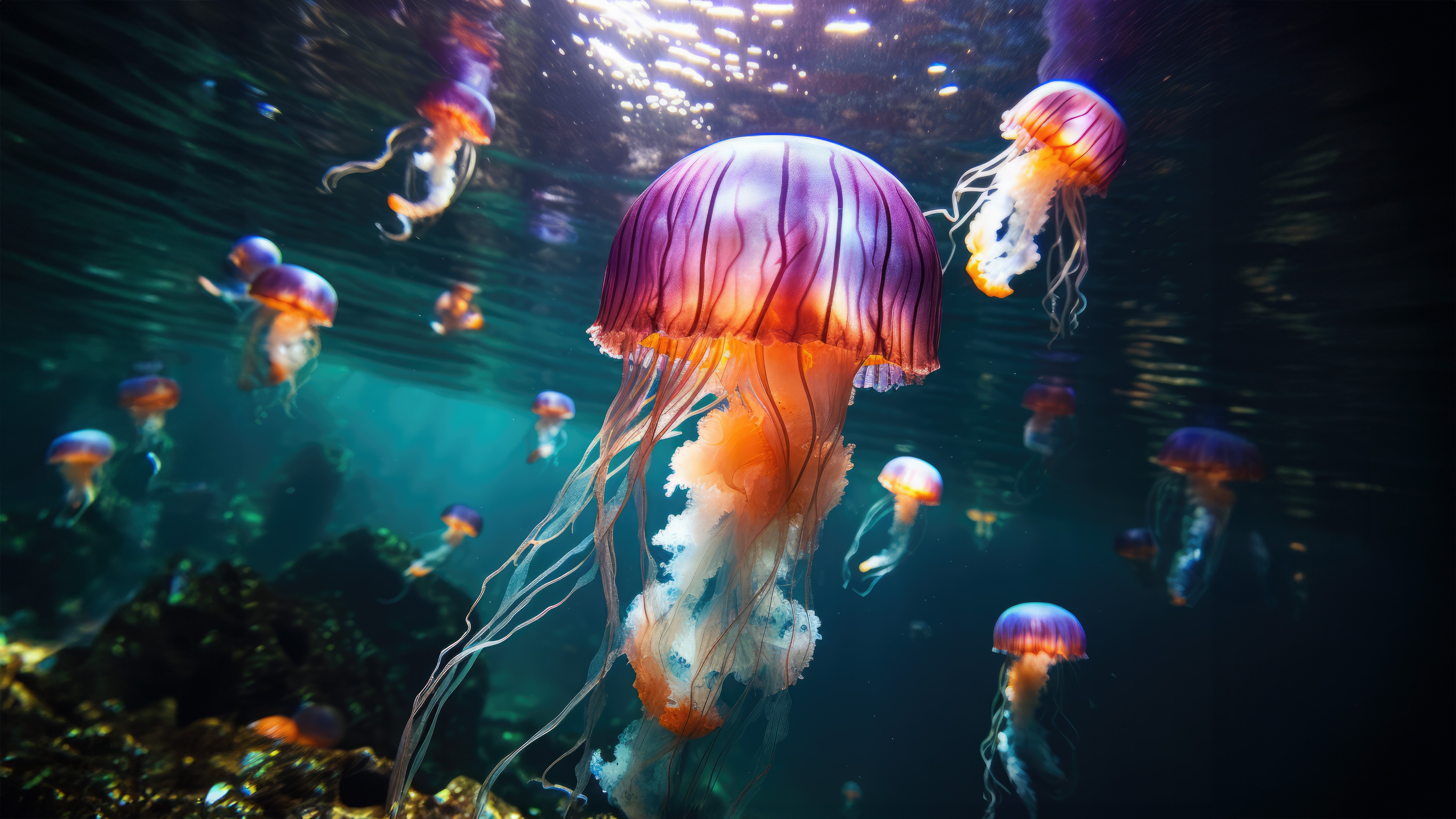 Group of colorful jellyfish underwater HD Wallpaper