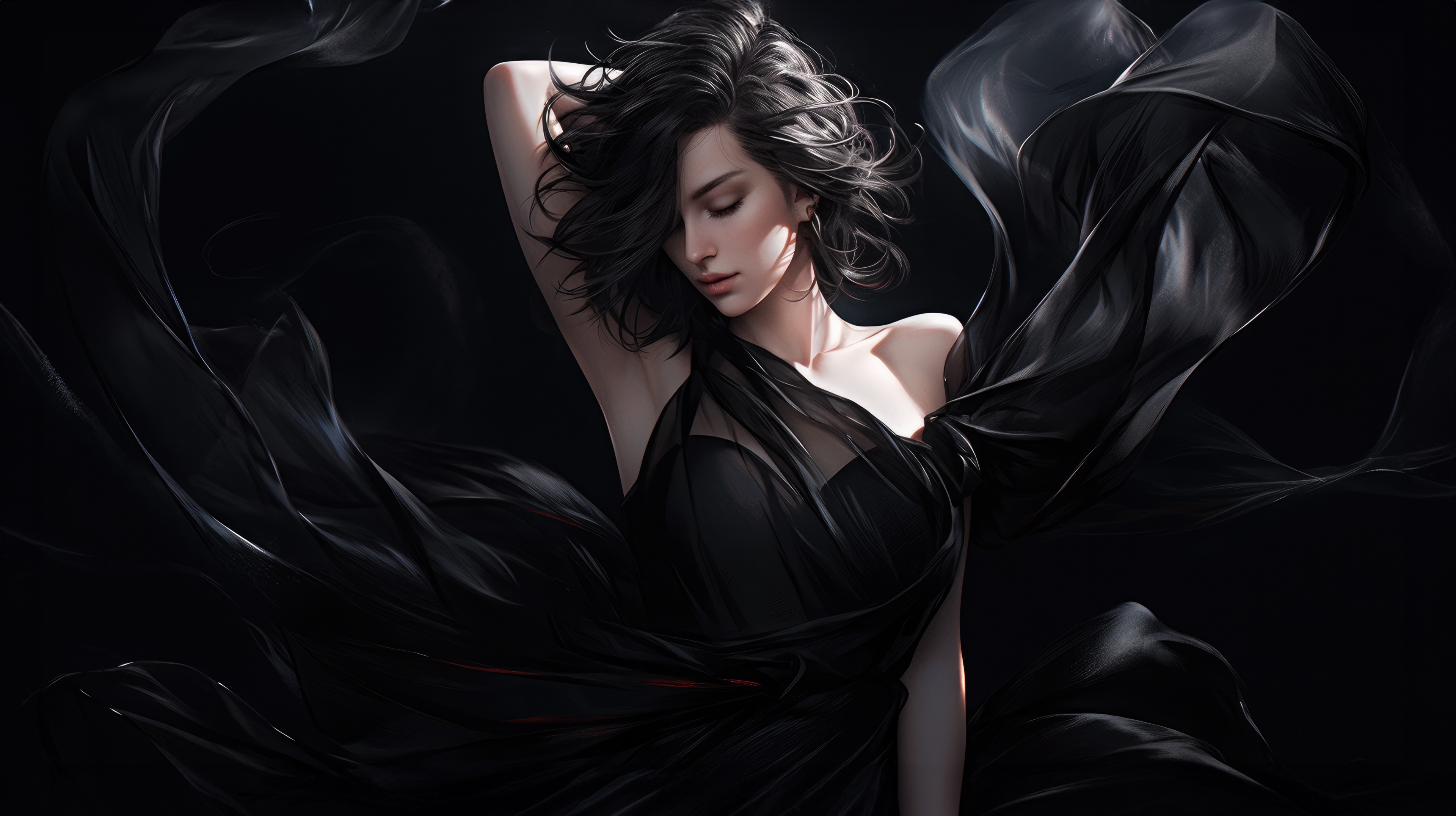 Woman in a flowing black dress HD Wallpaper