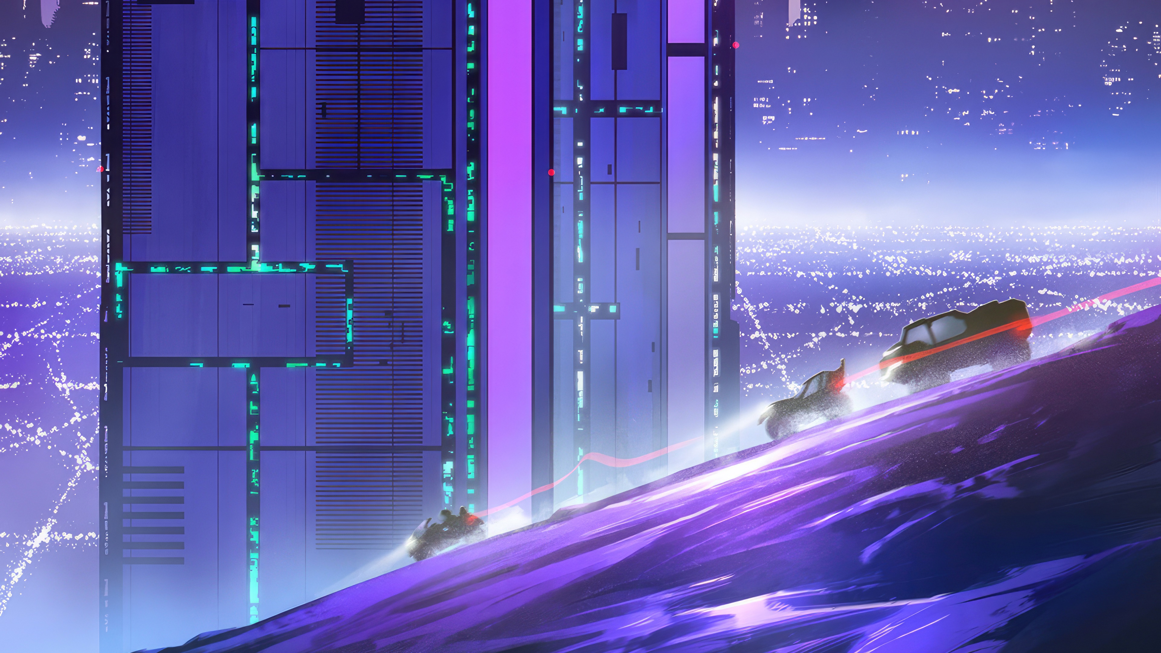 Synthwave Retrowave Artwork with Cars and Cityscape HD Wallpaper