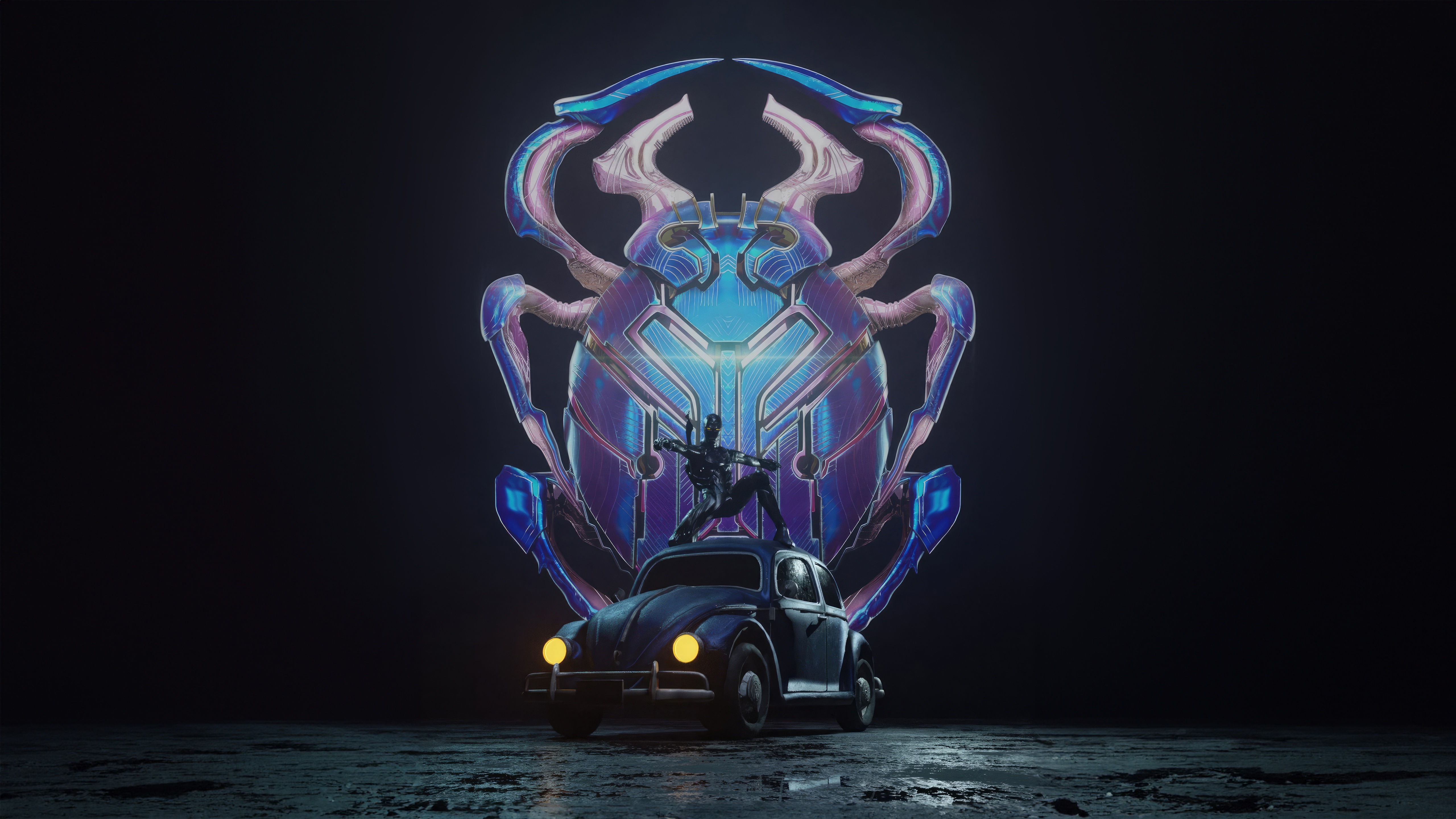 Blue Beetle and a Volkswagen Beetle in front of a large scarab symbol HD Wallpaper