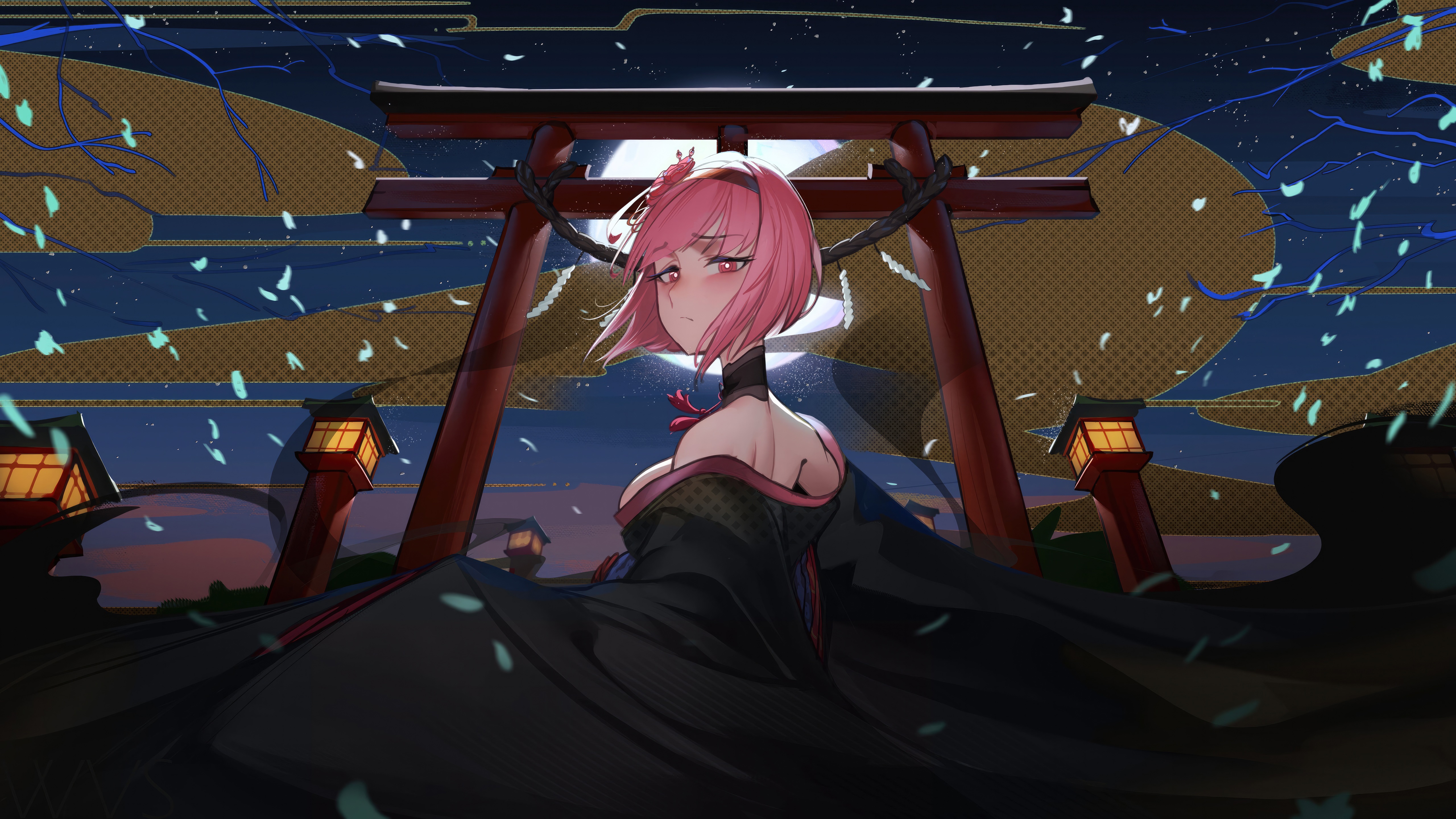 Anime girl with pink hair in a black kimono HD Wallpaper