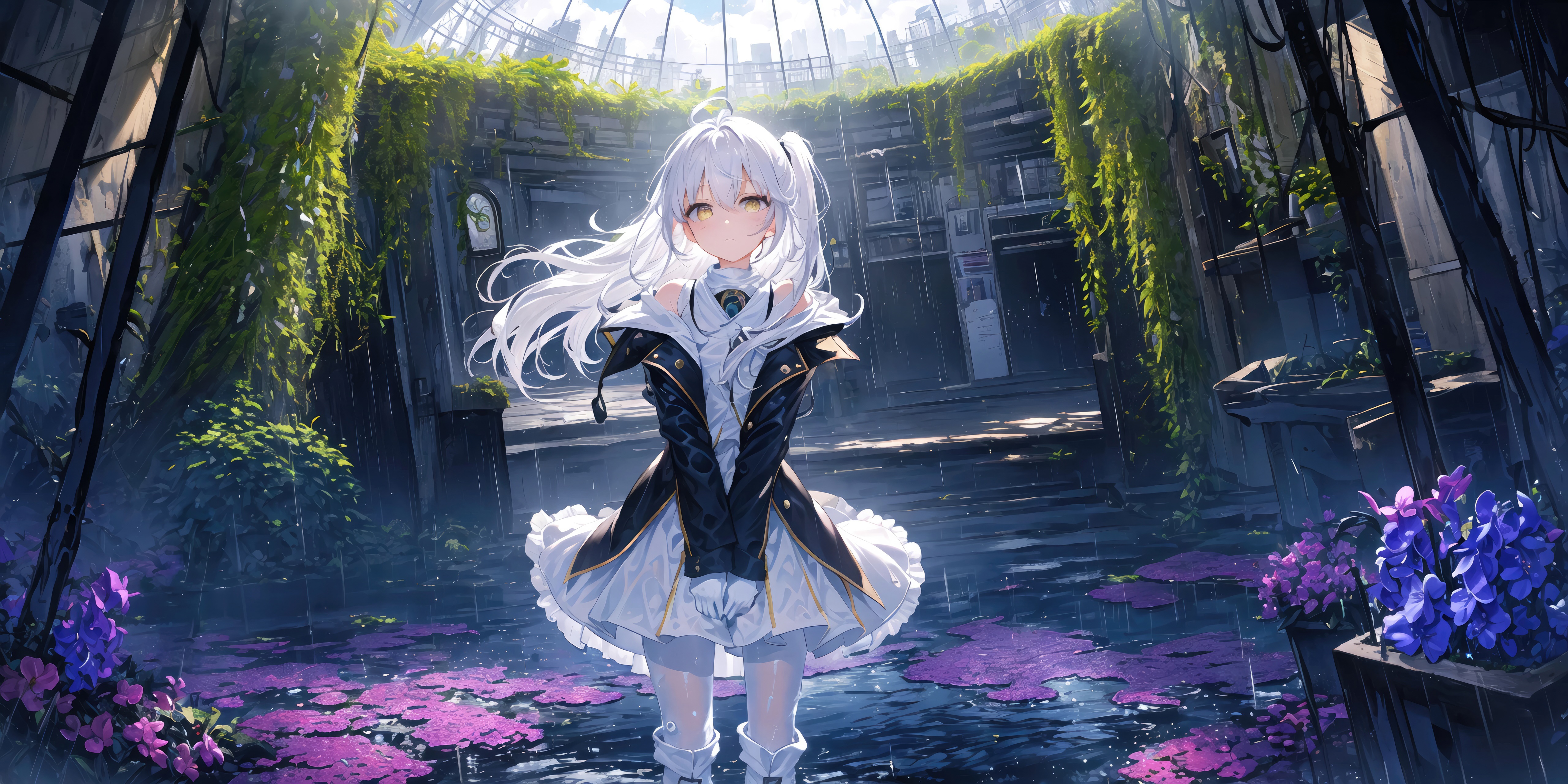 Anime girl in a ruined greenhouse with purple flowers HD Wallpaper