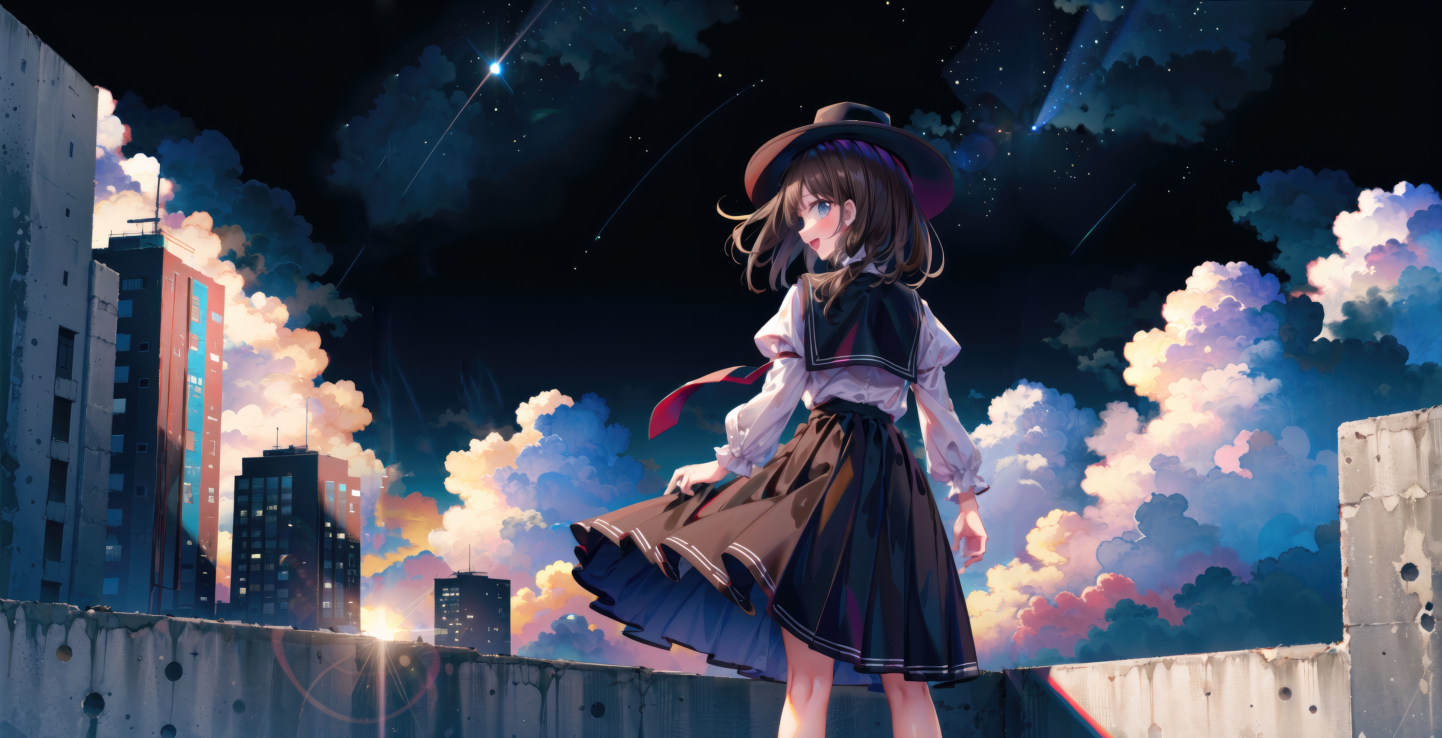 Anime girl in hat on rooftop at night HD Wallpaper
