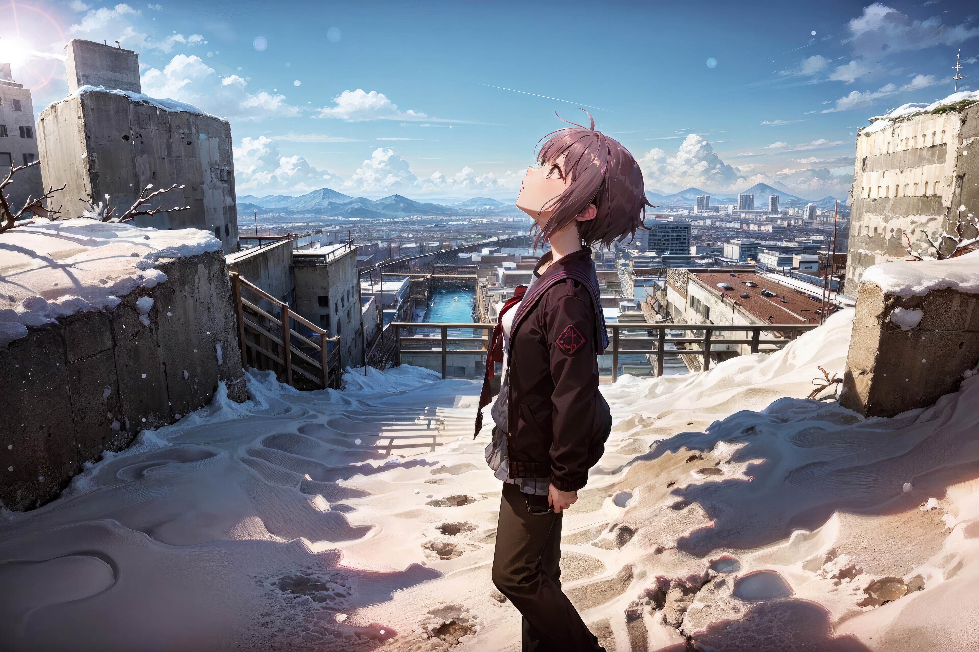 Anime girl looking up at the sky in a snowy city HD Wallpaper