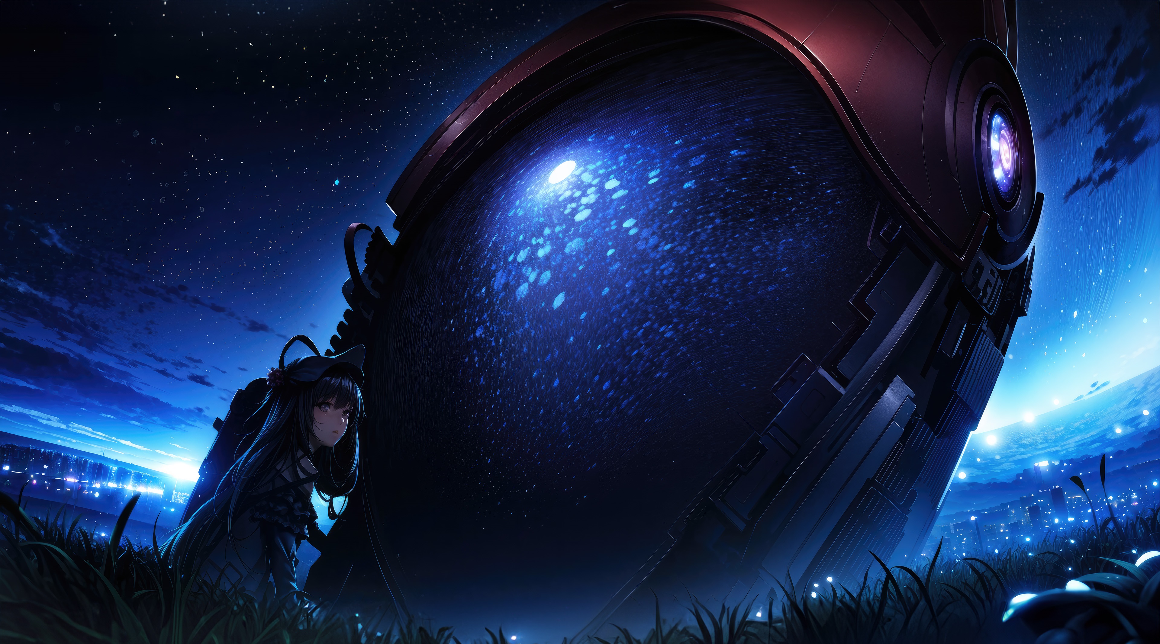 Anime girl near a large futuristic object under the stars HD Wallpaper
