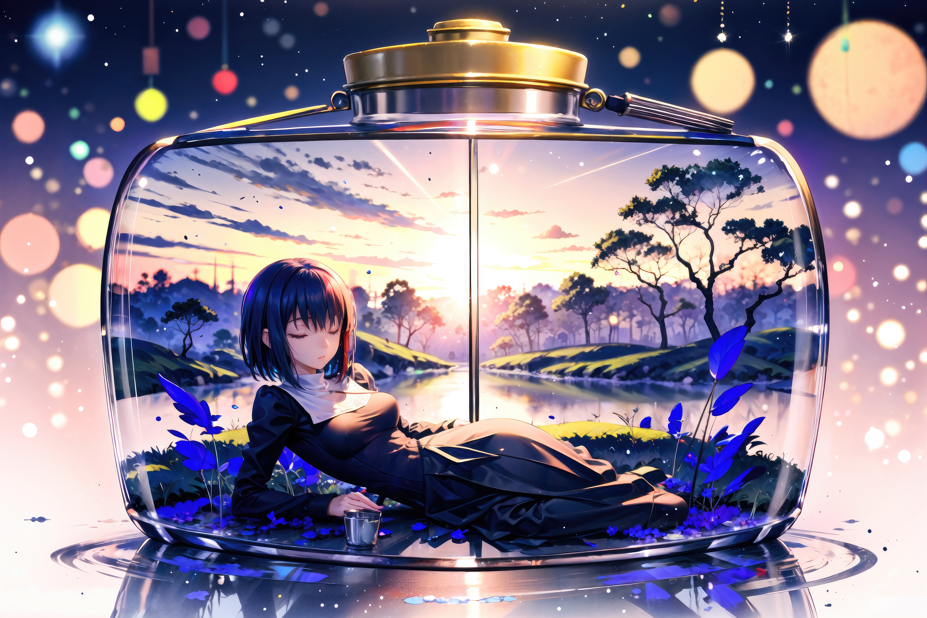 Anime girl in a bottle with a landscape HD Wallpaper