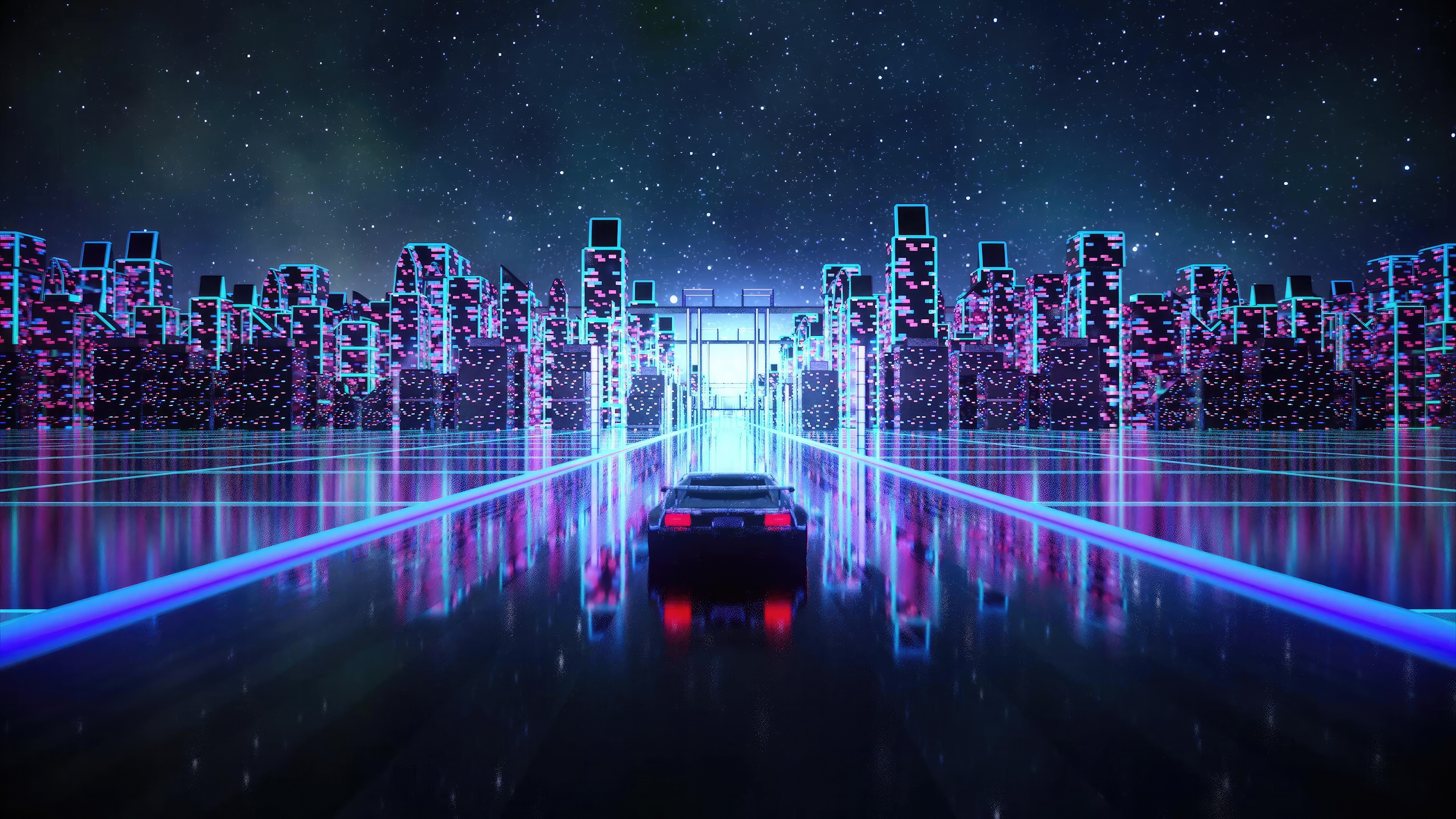 Synthwave car driving through a neon city at night 4K HD Wallpaper