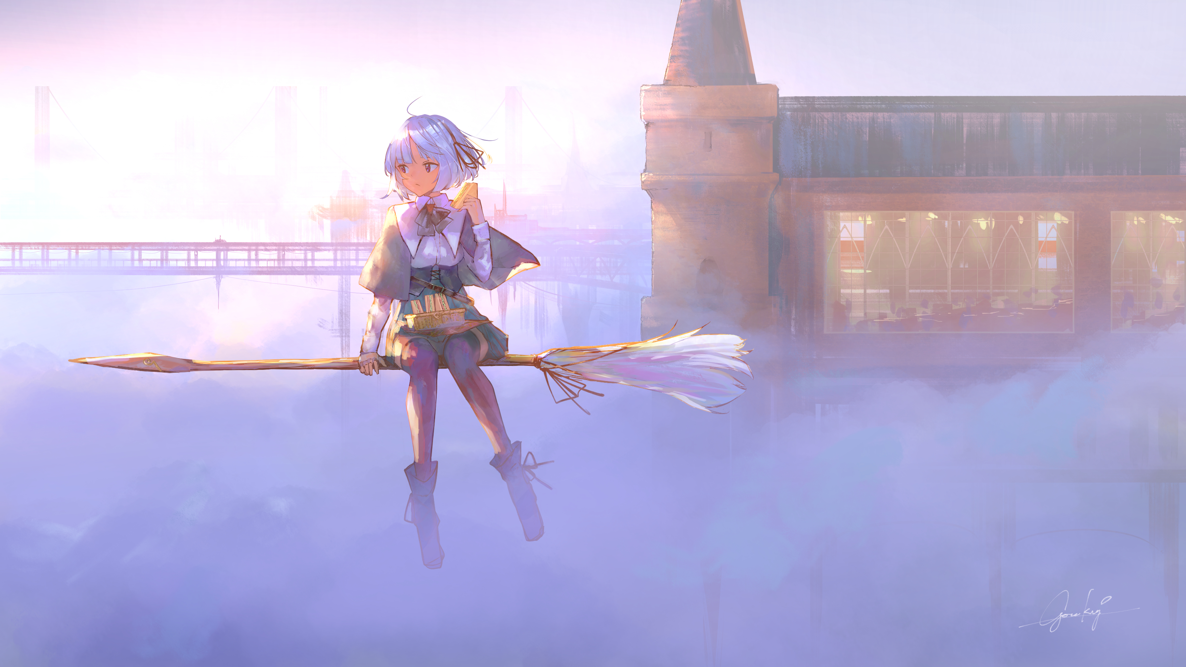 Girl on a broomstick flying over clouds HD Wallpaper