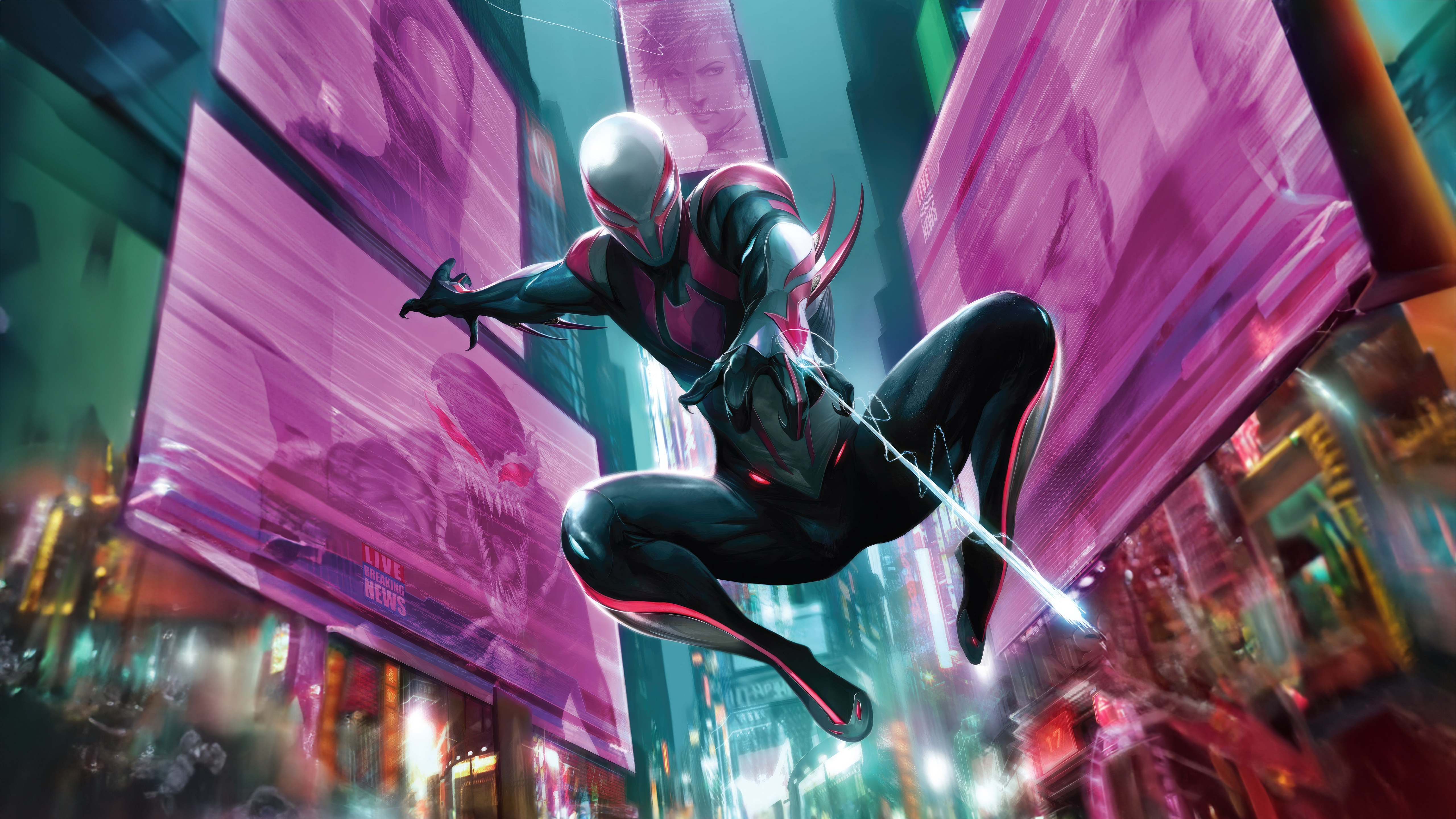 Spider-Man 2099 in a futuristic city HD Wallpaper