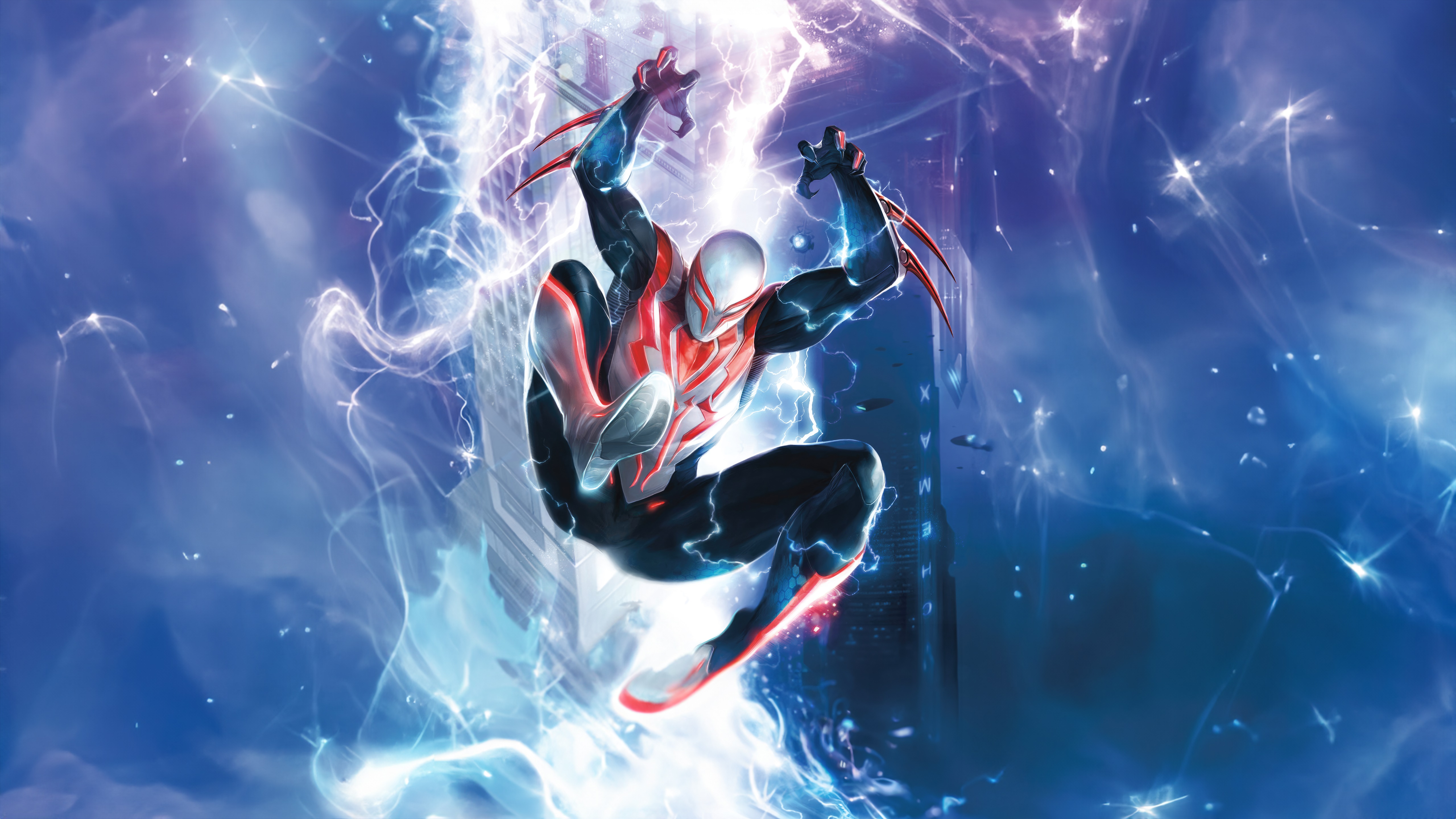 Spider-Man 2099 in a lightning-filled cityscape HD Wallpaper