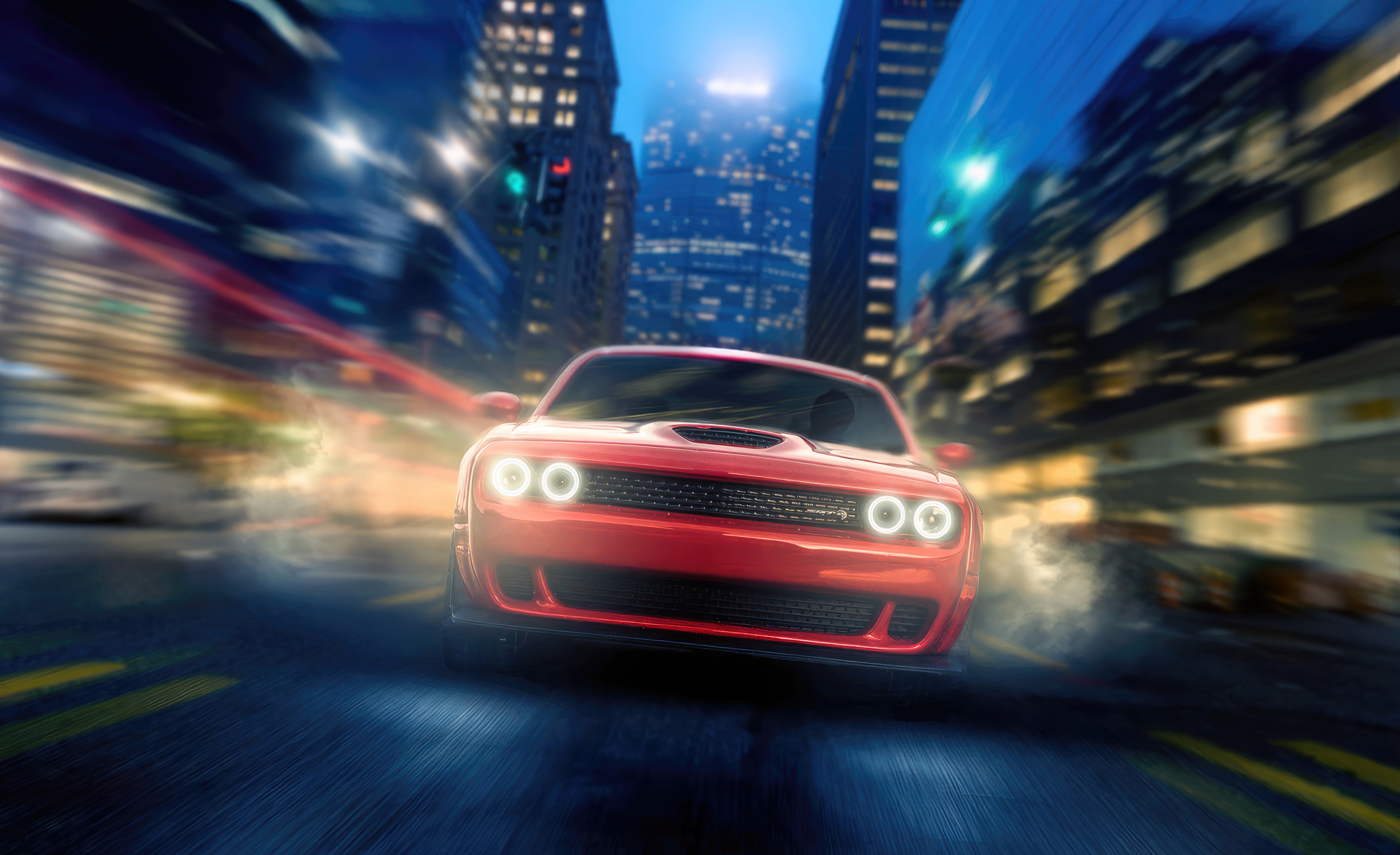 Red Dodge Challenger driving through city at night HD Wallpaper