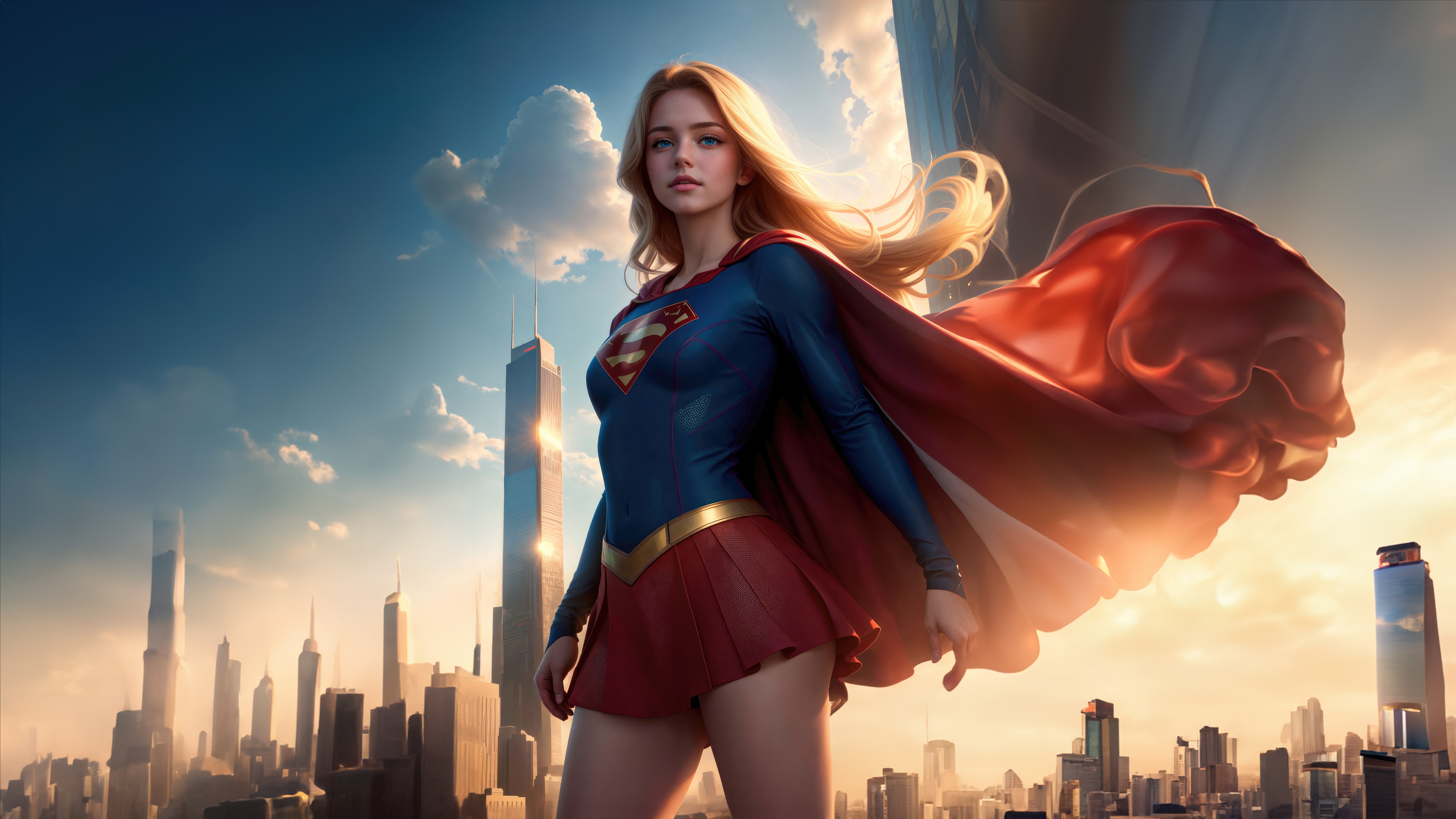 Supergirl standing in front of a city skyline HD Wallpaper