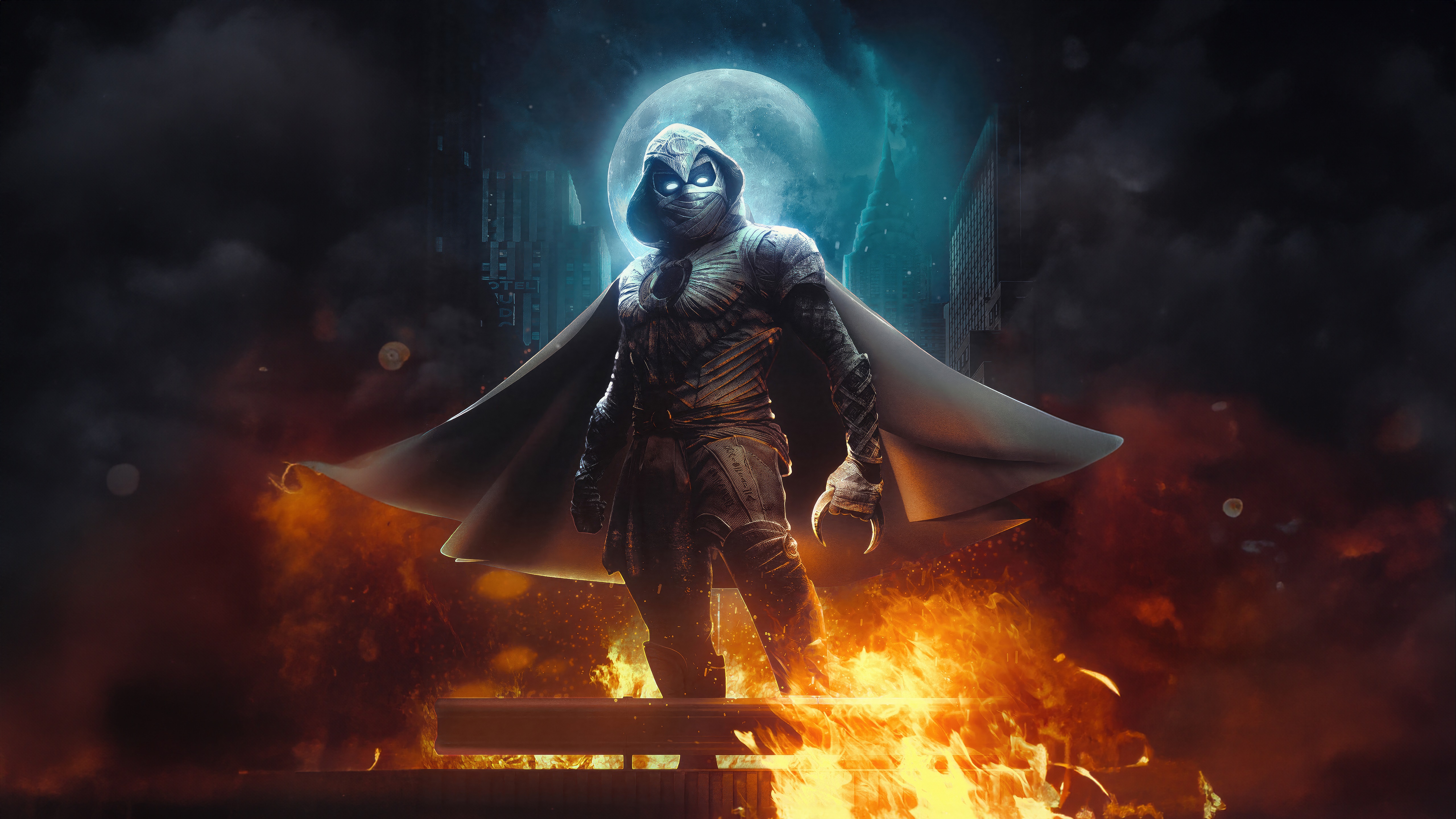 Moon Knight Standing in Flames with Moon Behind HD Wallpaper