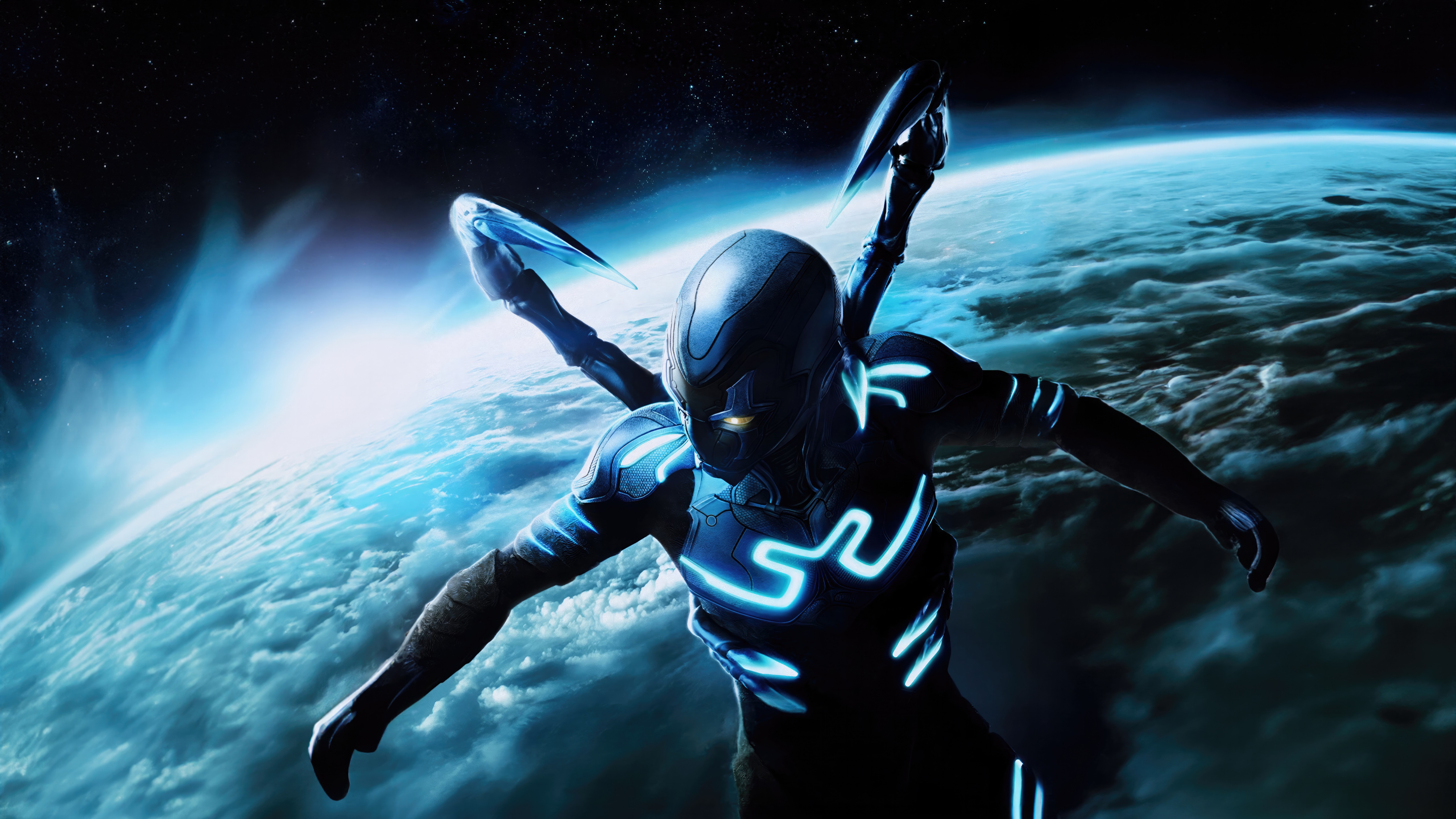 Blue Beetle in Space with Earth Below 4K HD Wallpaper