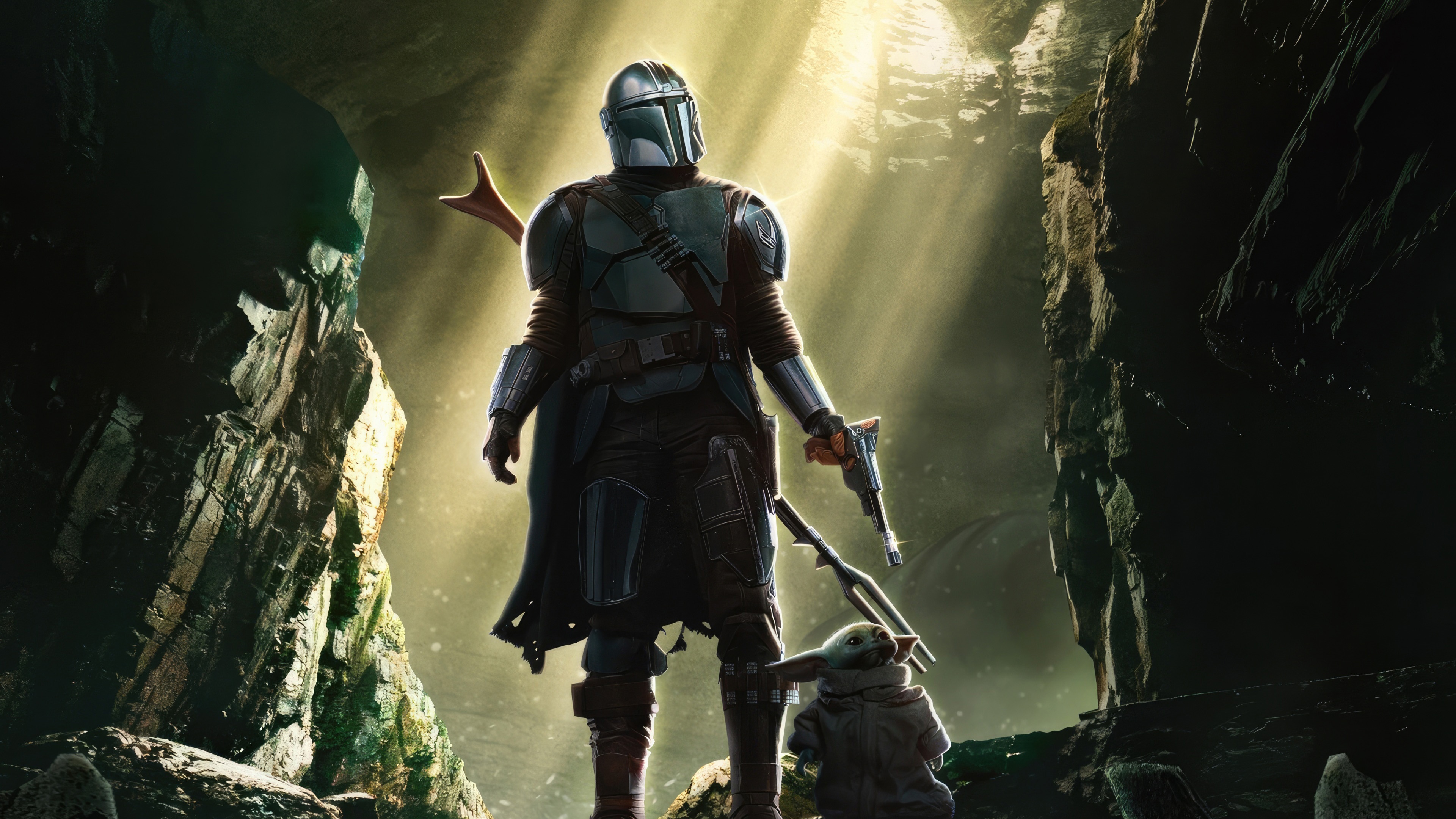 The Mandalorian and Grogu in a cave 4K HD Wallpaper