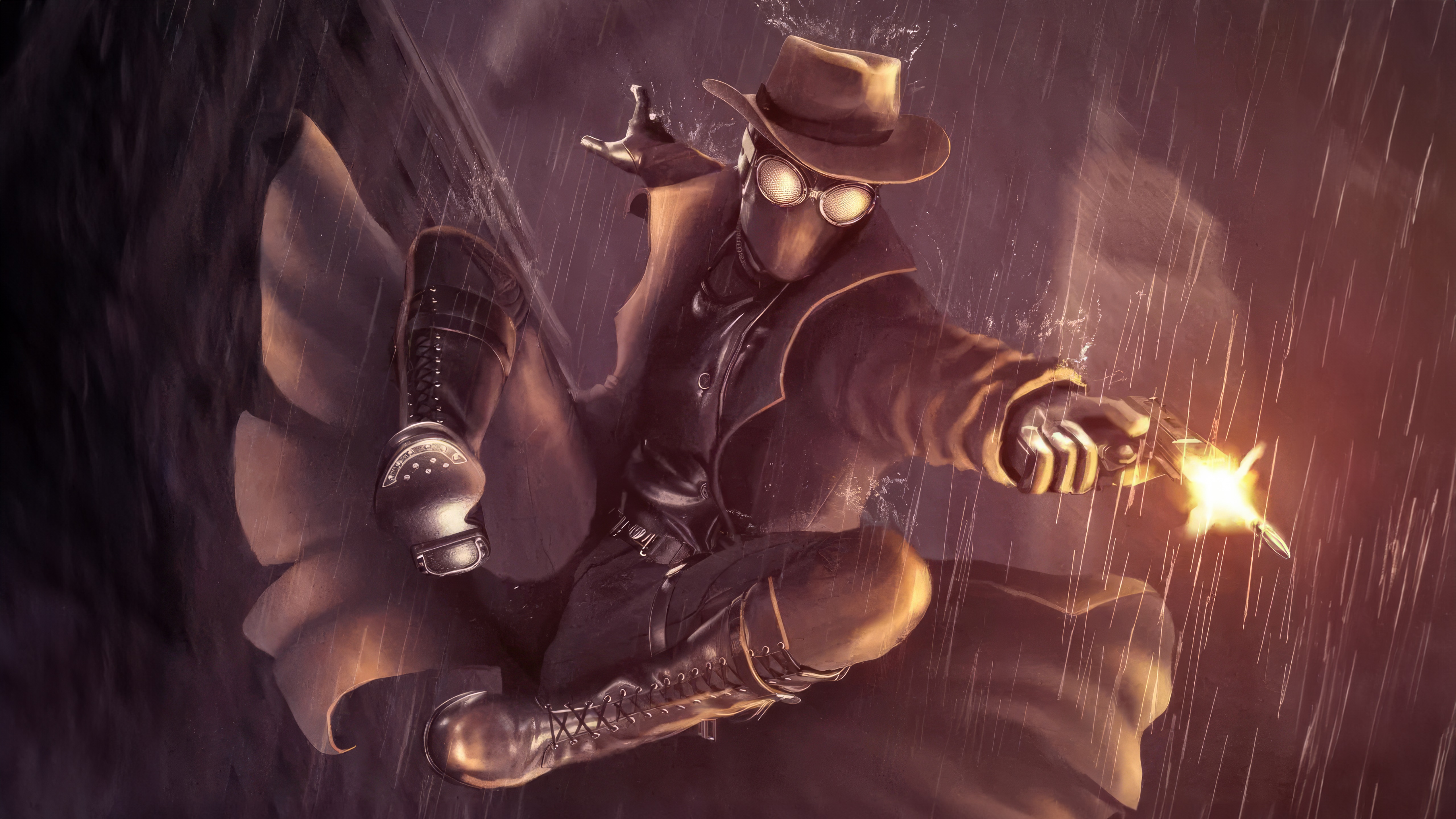 Spider-Man Noir firing a gun in the rain HD Wallpaper