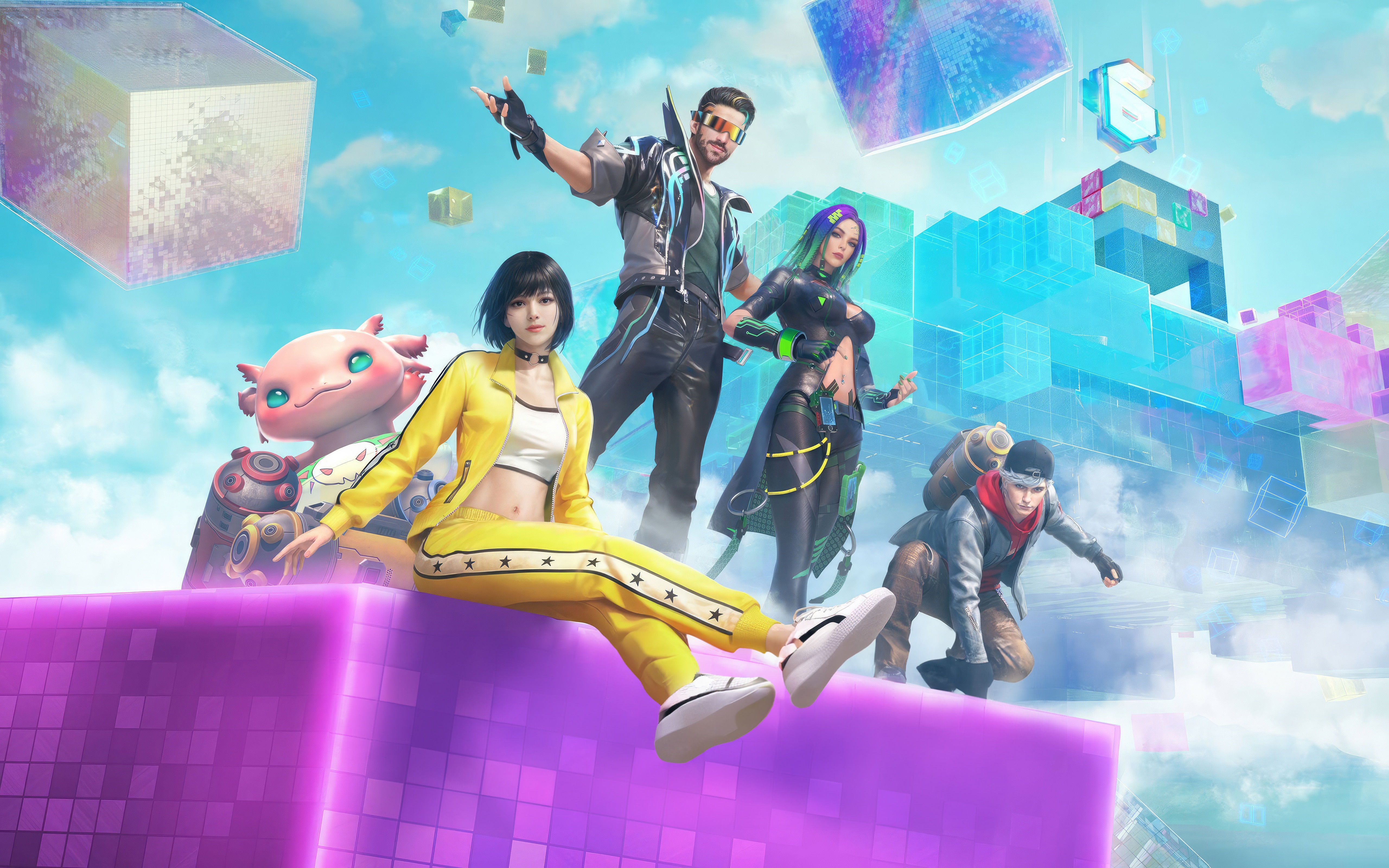 Garena Free Fire characters in a digital world HD Wallpaper