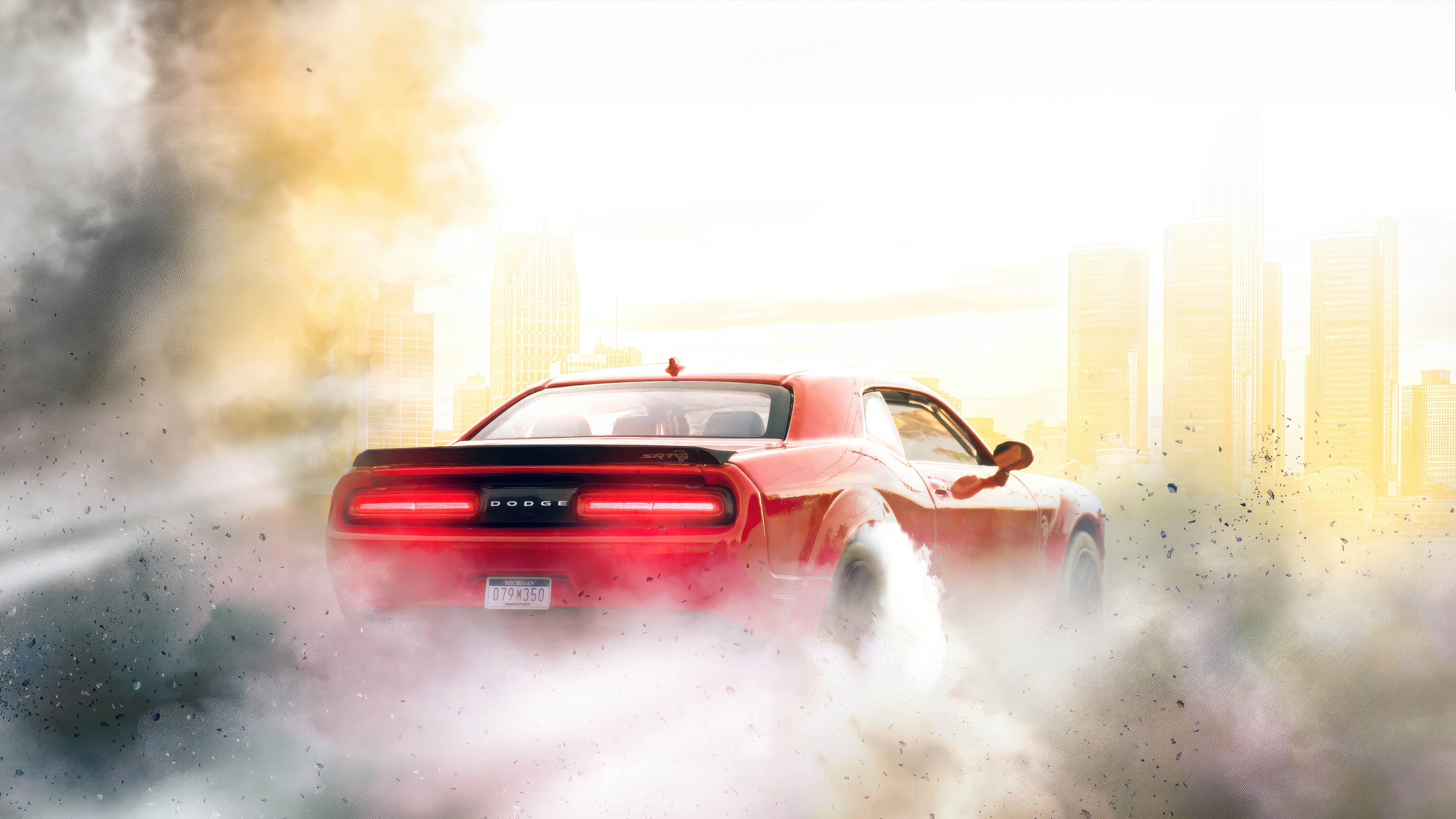 Red Dodge Challenger drifting in smoke HD Wallpaper