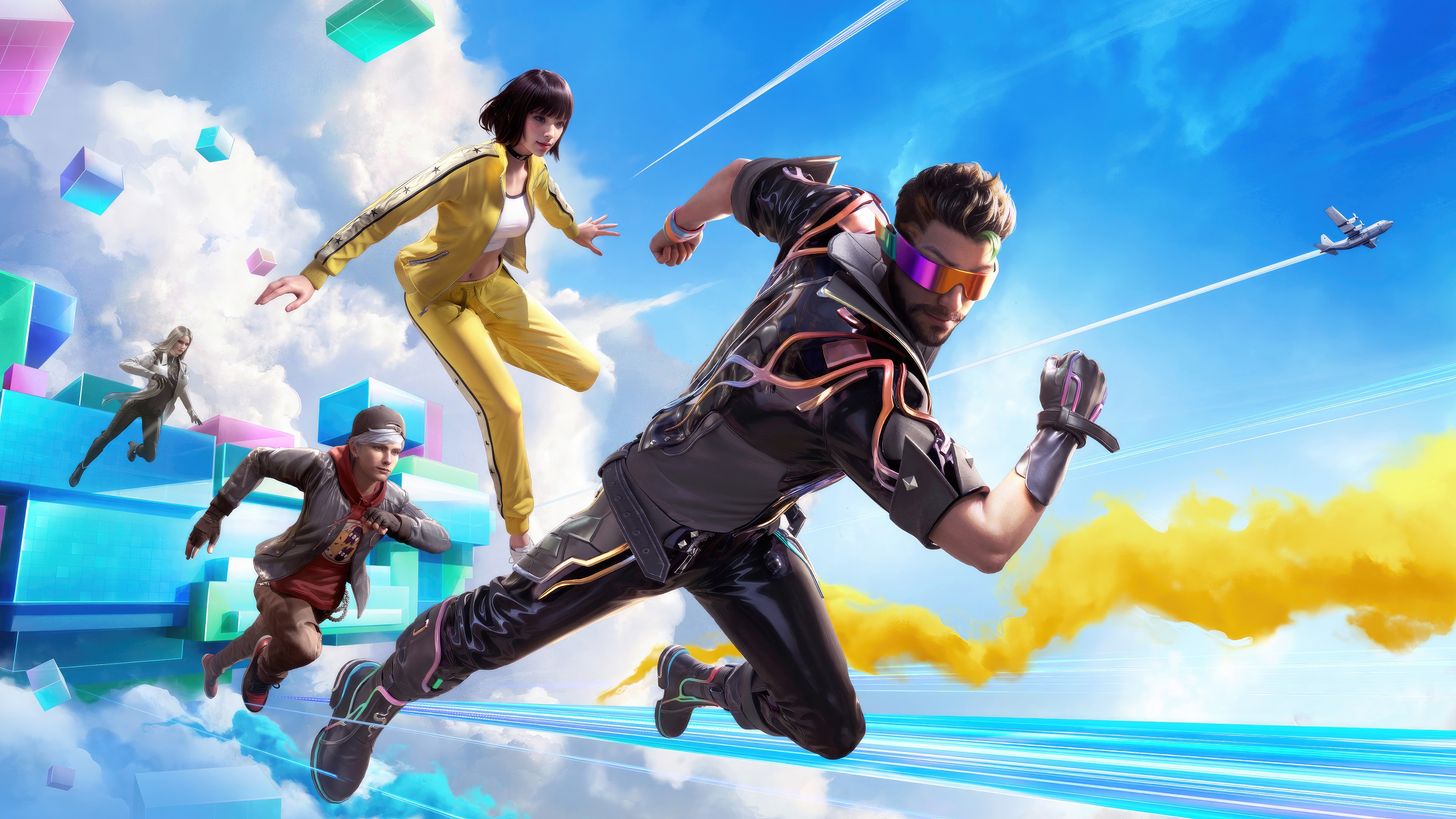 Garena Free Fire characters running in the sky HD Wallpaper
