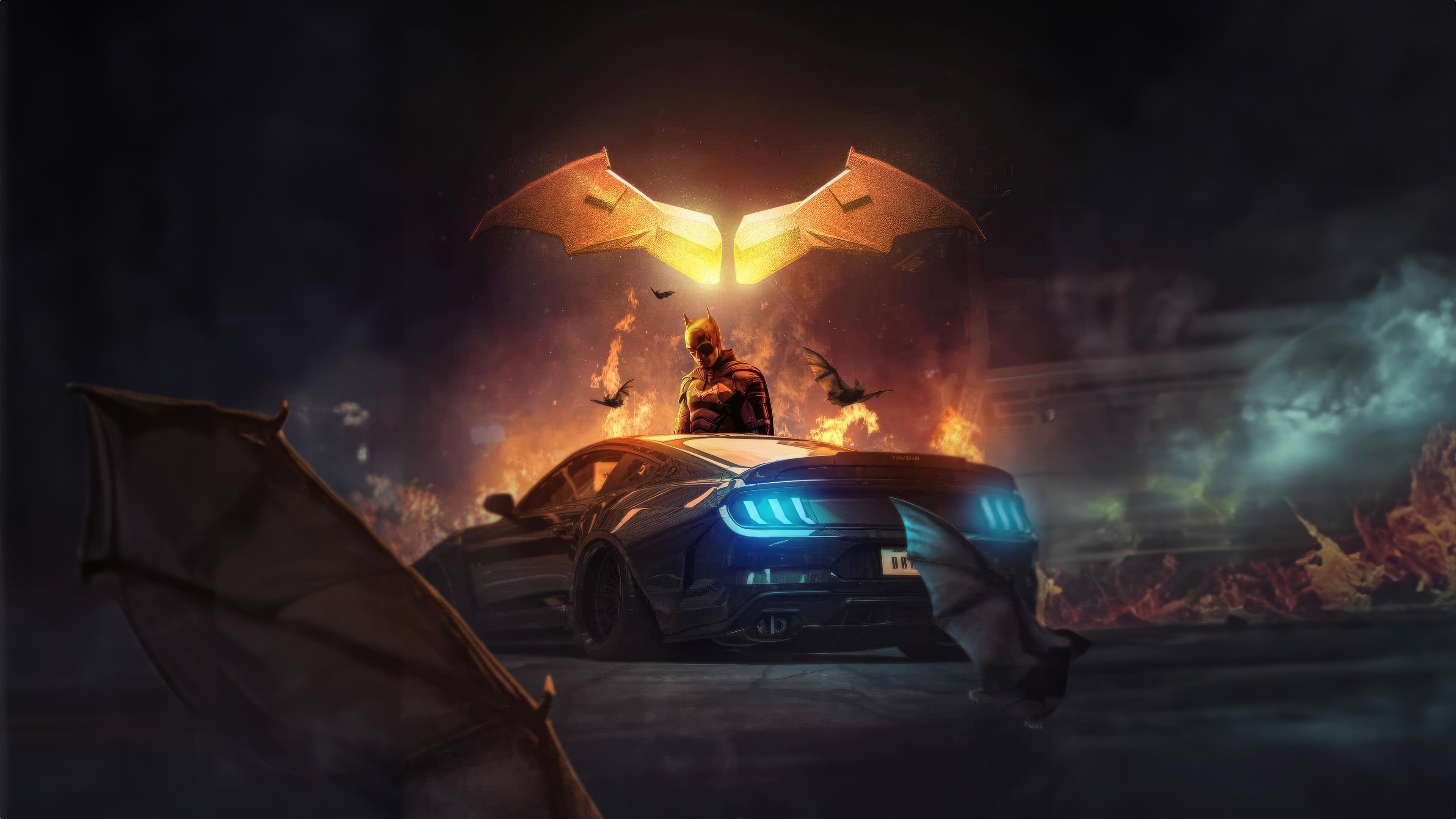 Batman and Bat Symbol with Burning Car HD Wallpaper