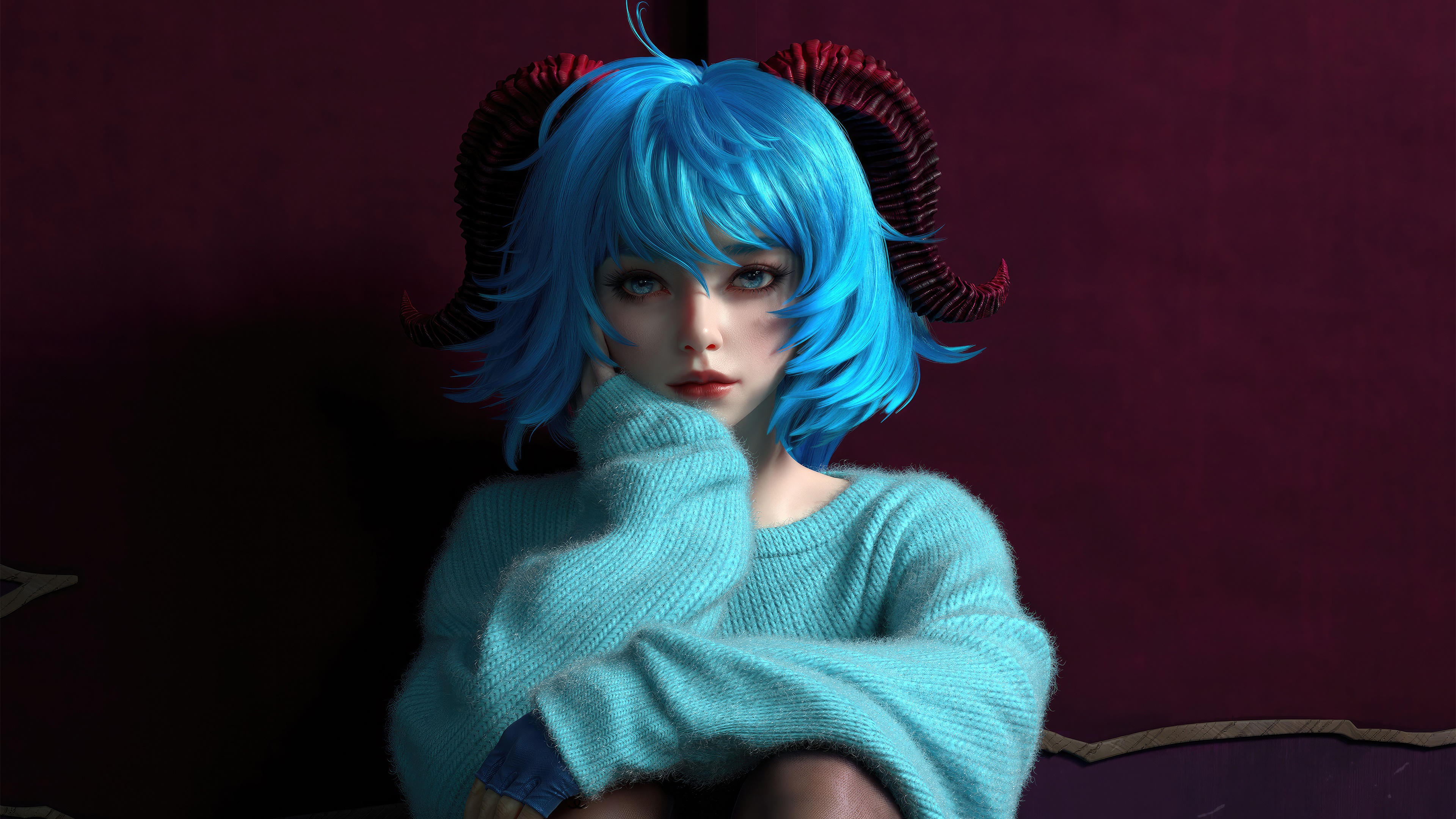 Genshin Impact character with blue hair and horns HD Wallpaper