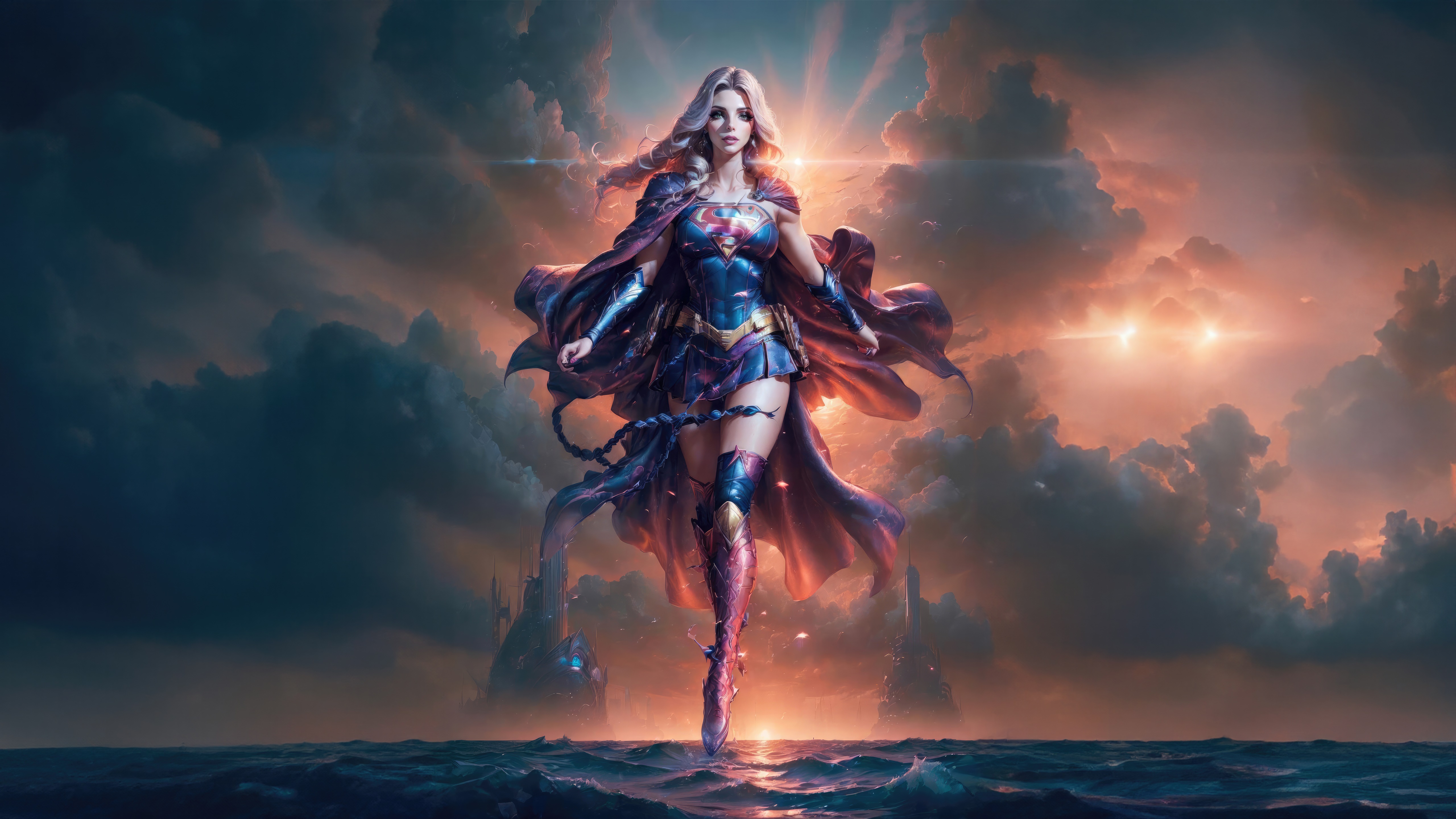 Supergirl standing on water with a cape HD Wallpaper