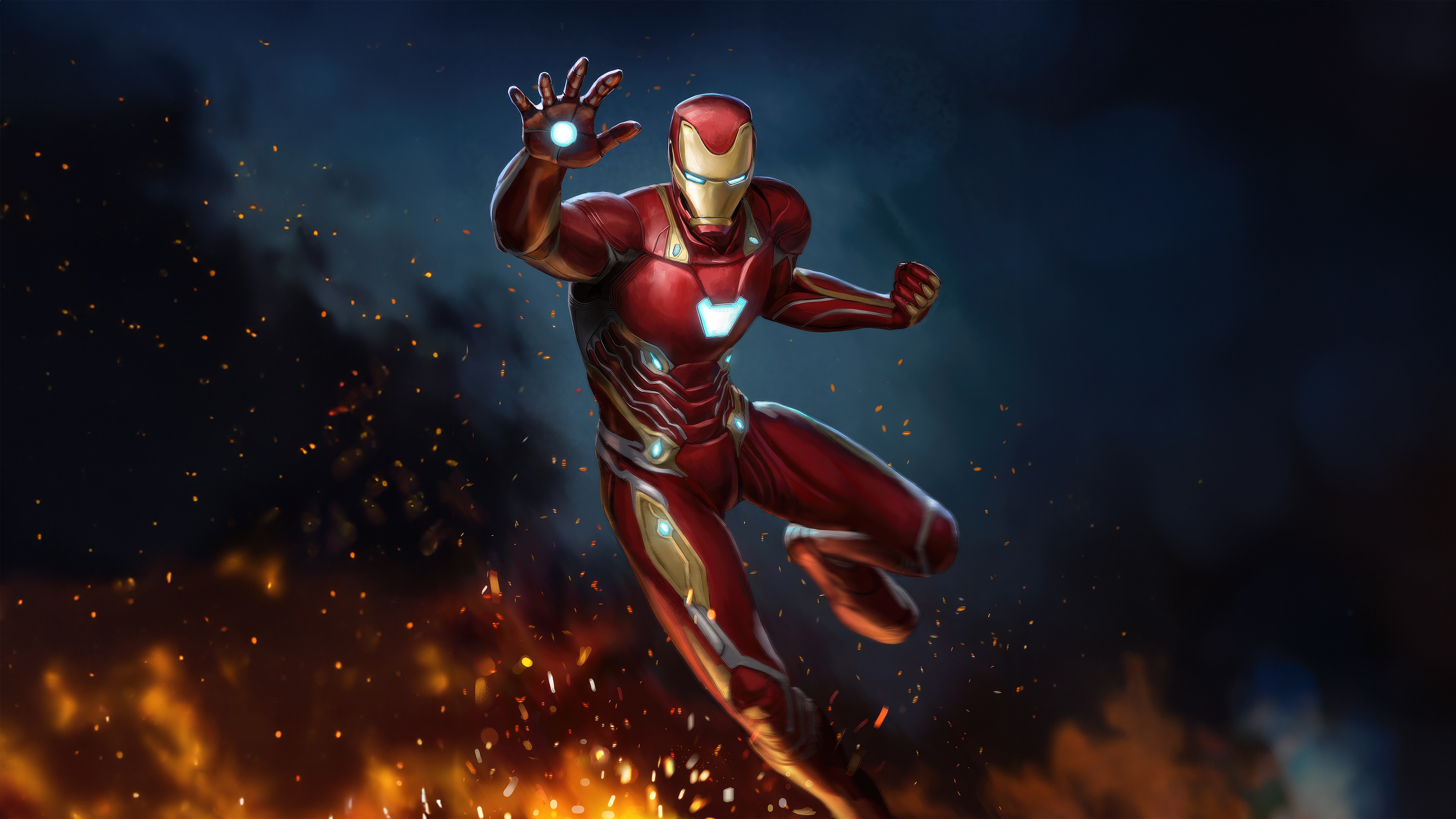 Iron Man in a dynamic pose with fire and smoke HD Wallpaper