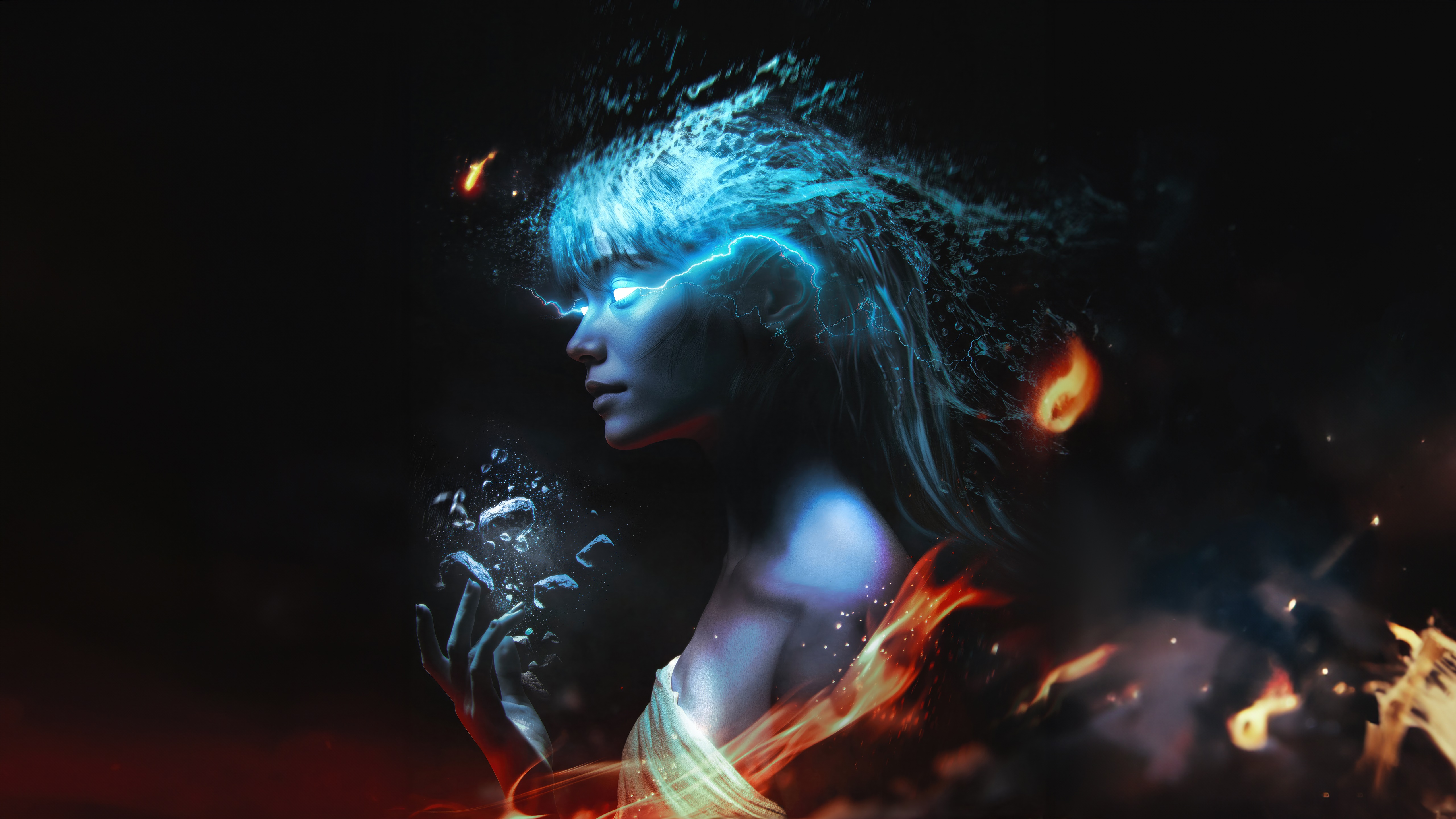 Artwork of a woman with elemental powers HD Wallpaper