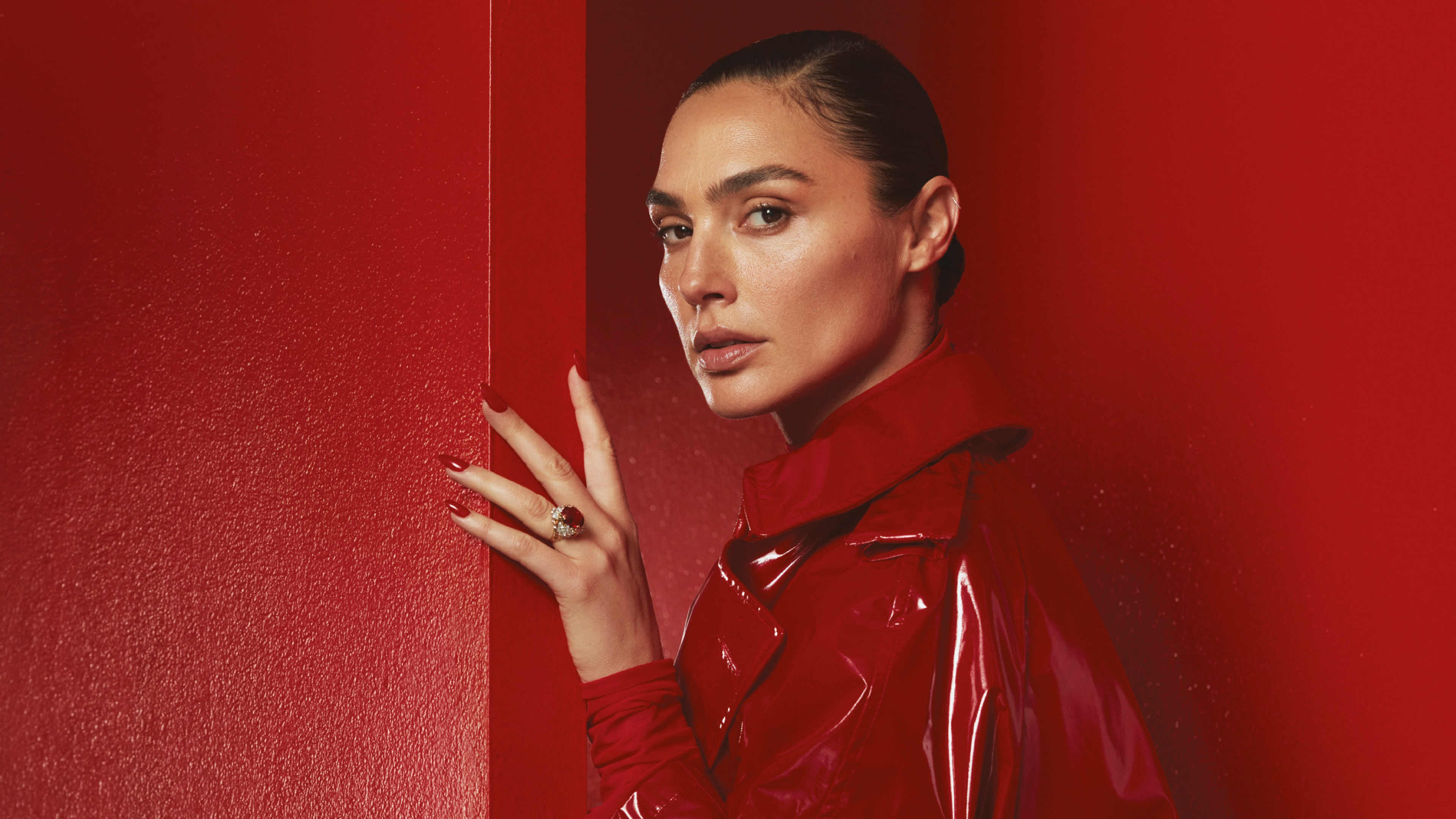 Gal Gadot in a red latex trench coat HD Wallpaper