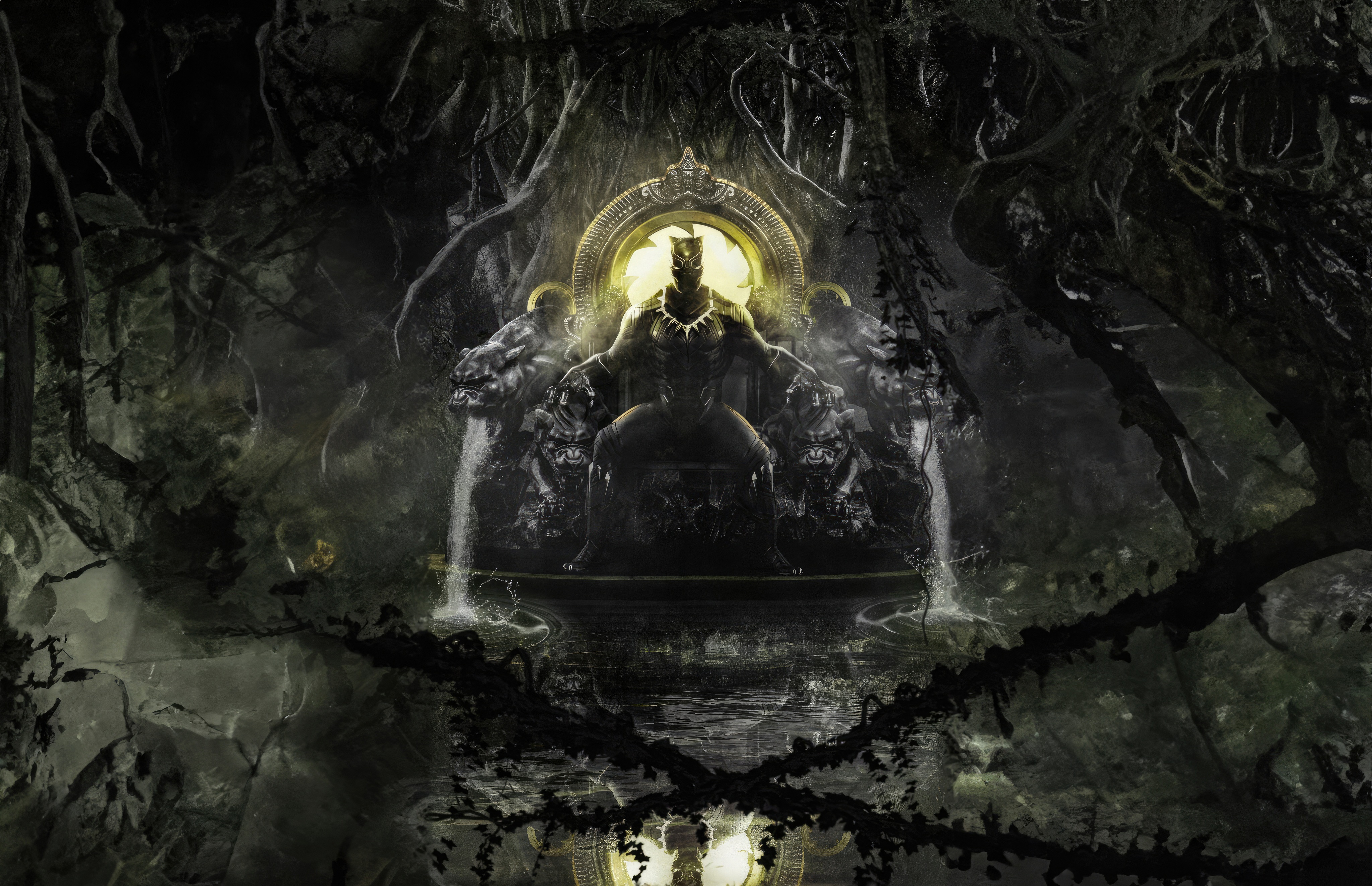 Black Panther on a throne in a dark jungle HD Wallpaper