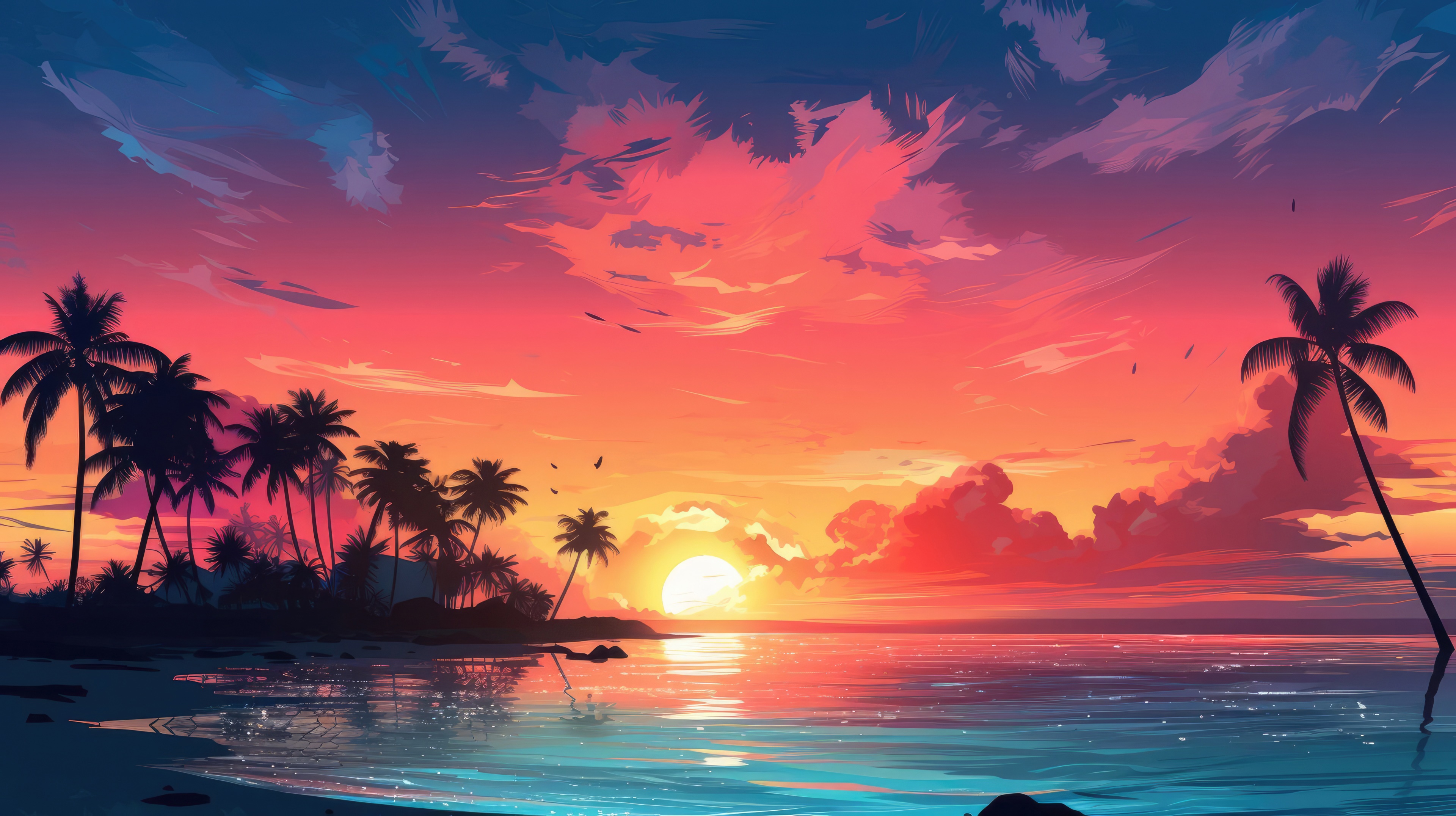 Minimalist Sunrise over Tropical Beach with Palm Trees 4K HD Wallpaper