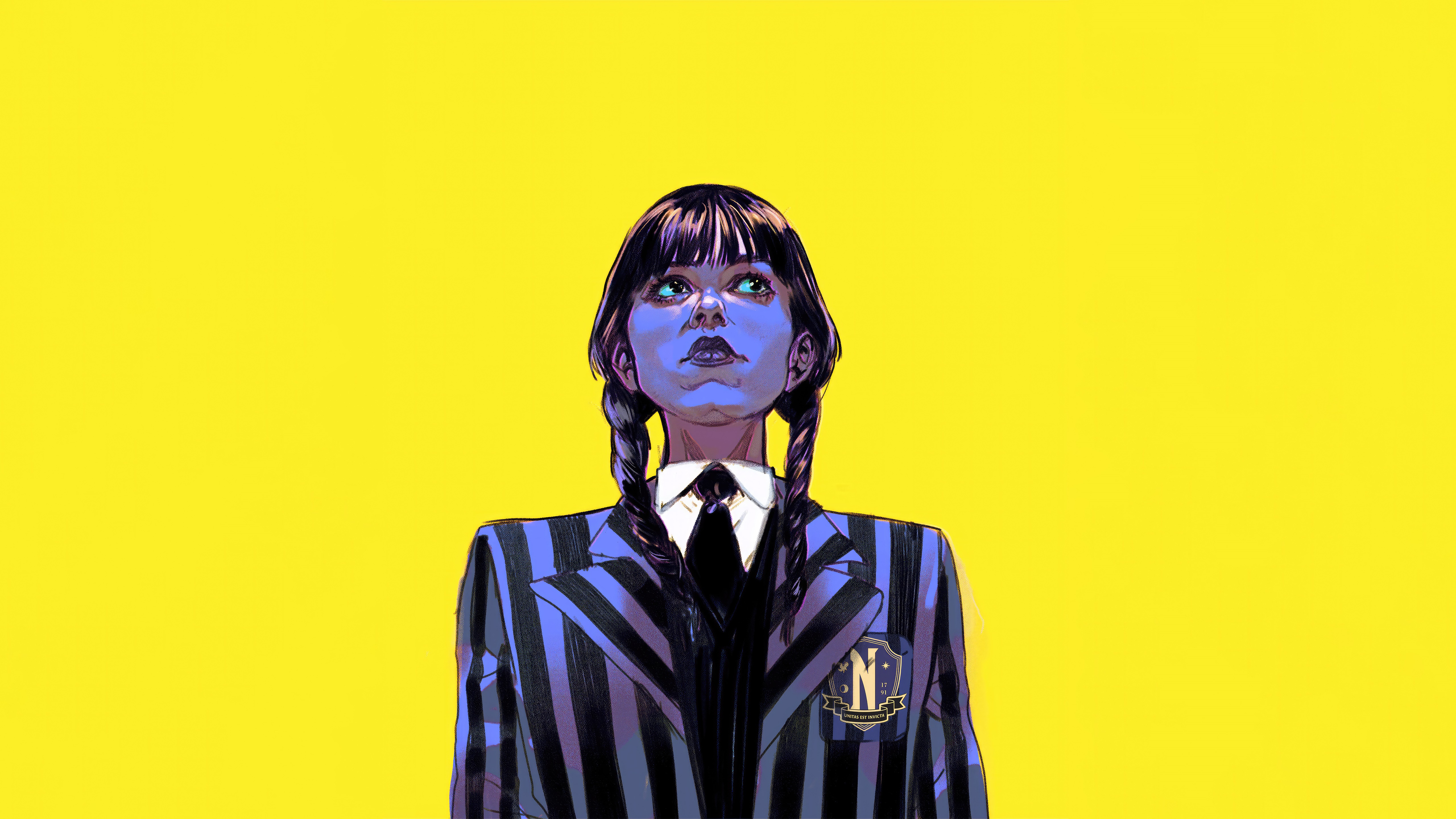 Wednesday Addams in a striped blazer on a yellow background HD Wallpaper