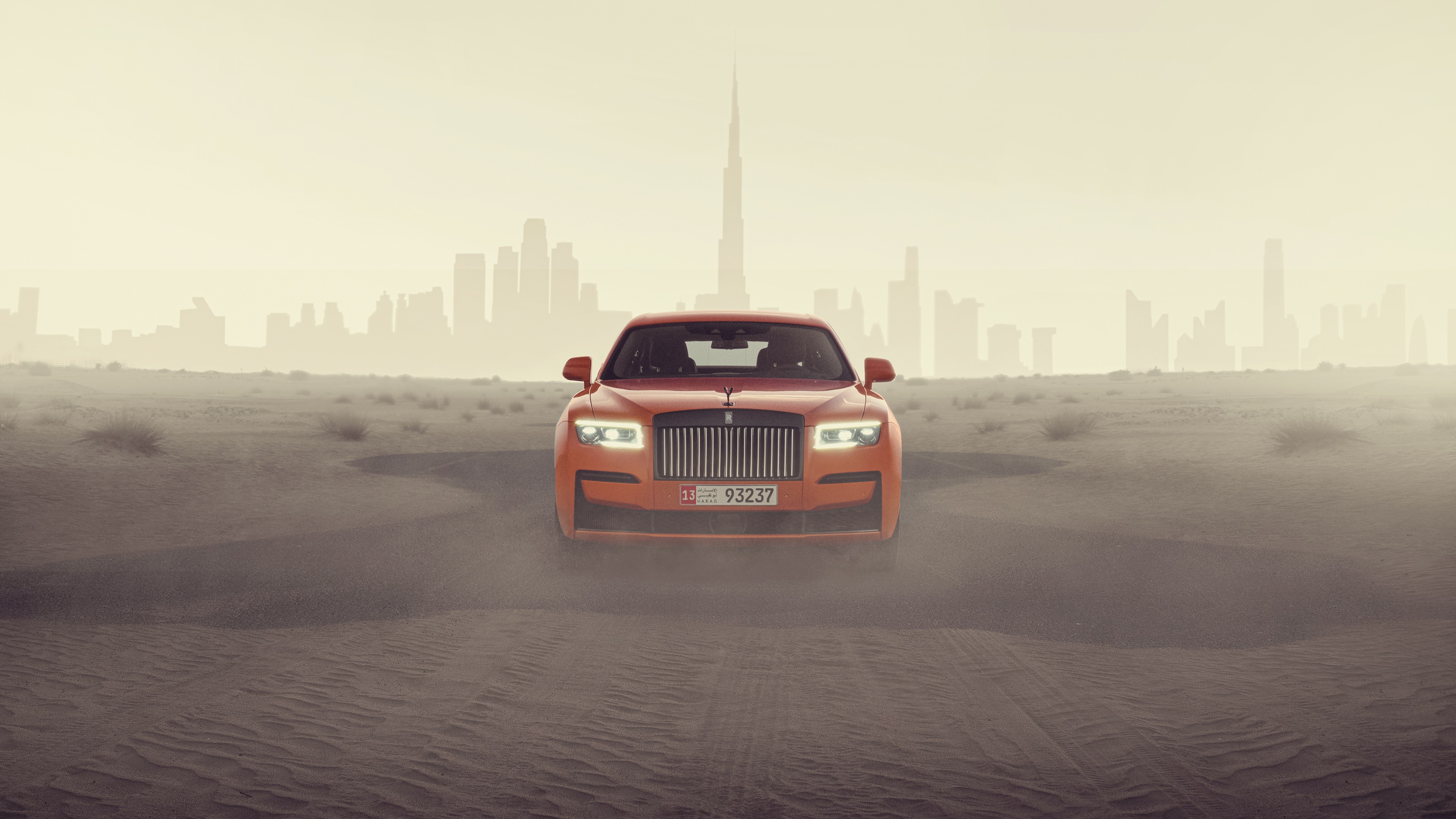 Orange Rolls Royce Ghost in Dubai Desert HD Wallpaper
