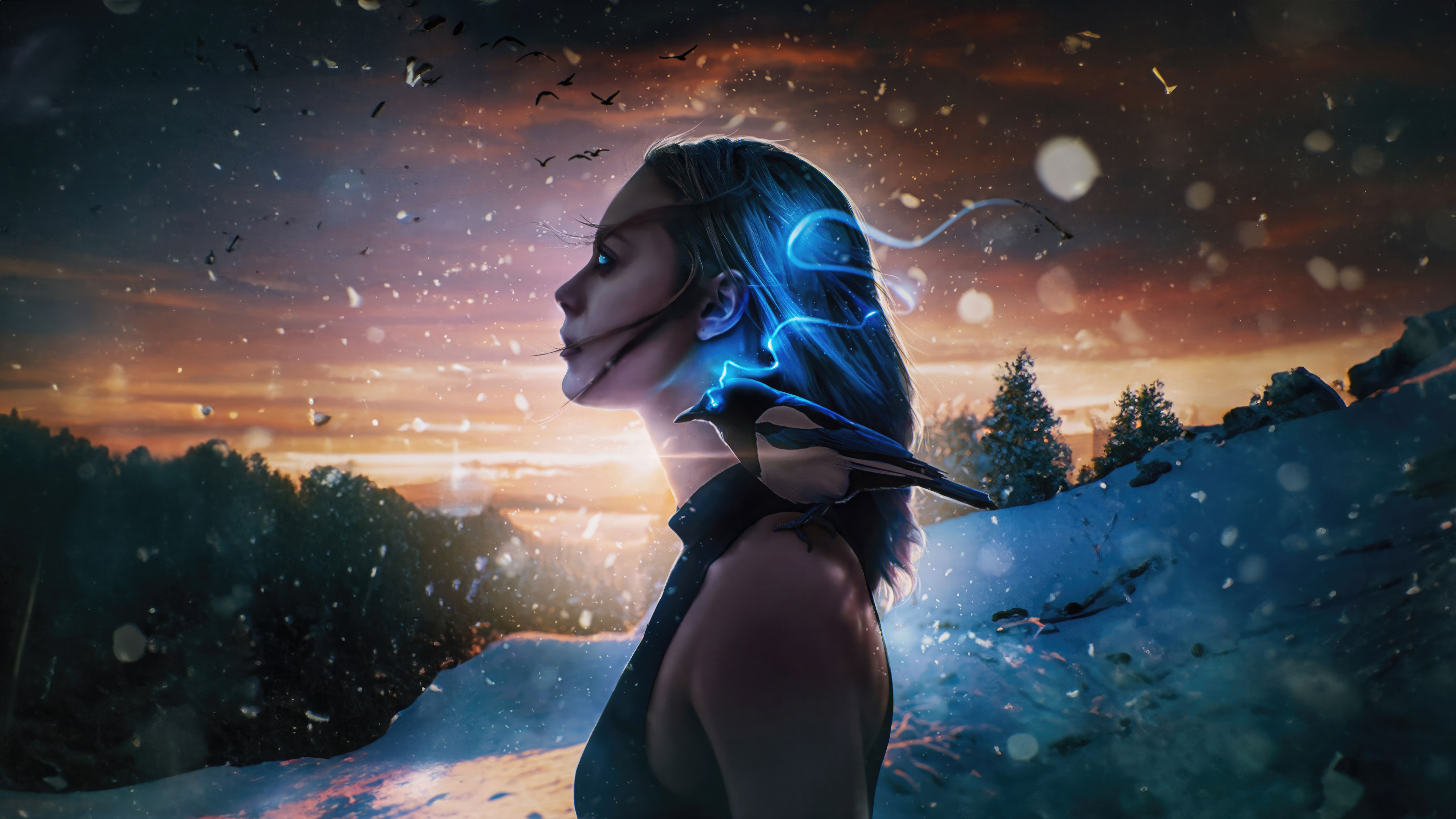Artwork of a woman with a bird and glowing energy HD Wallpaper