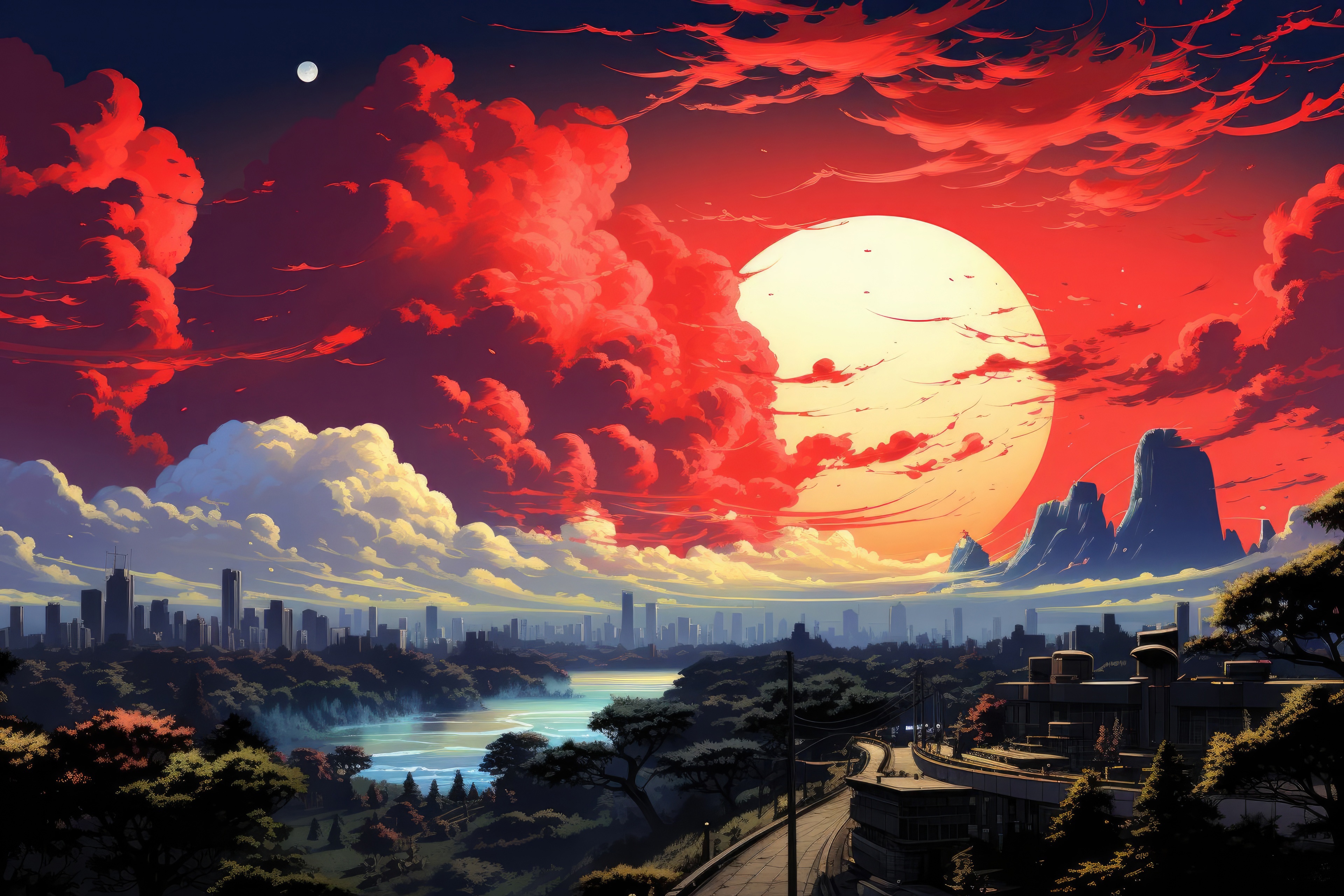 Cityscape with Red Clouds and Large Sun HD Wallpaper