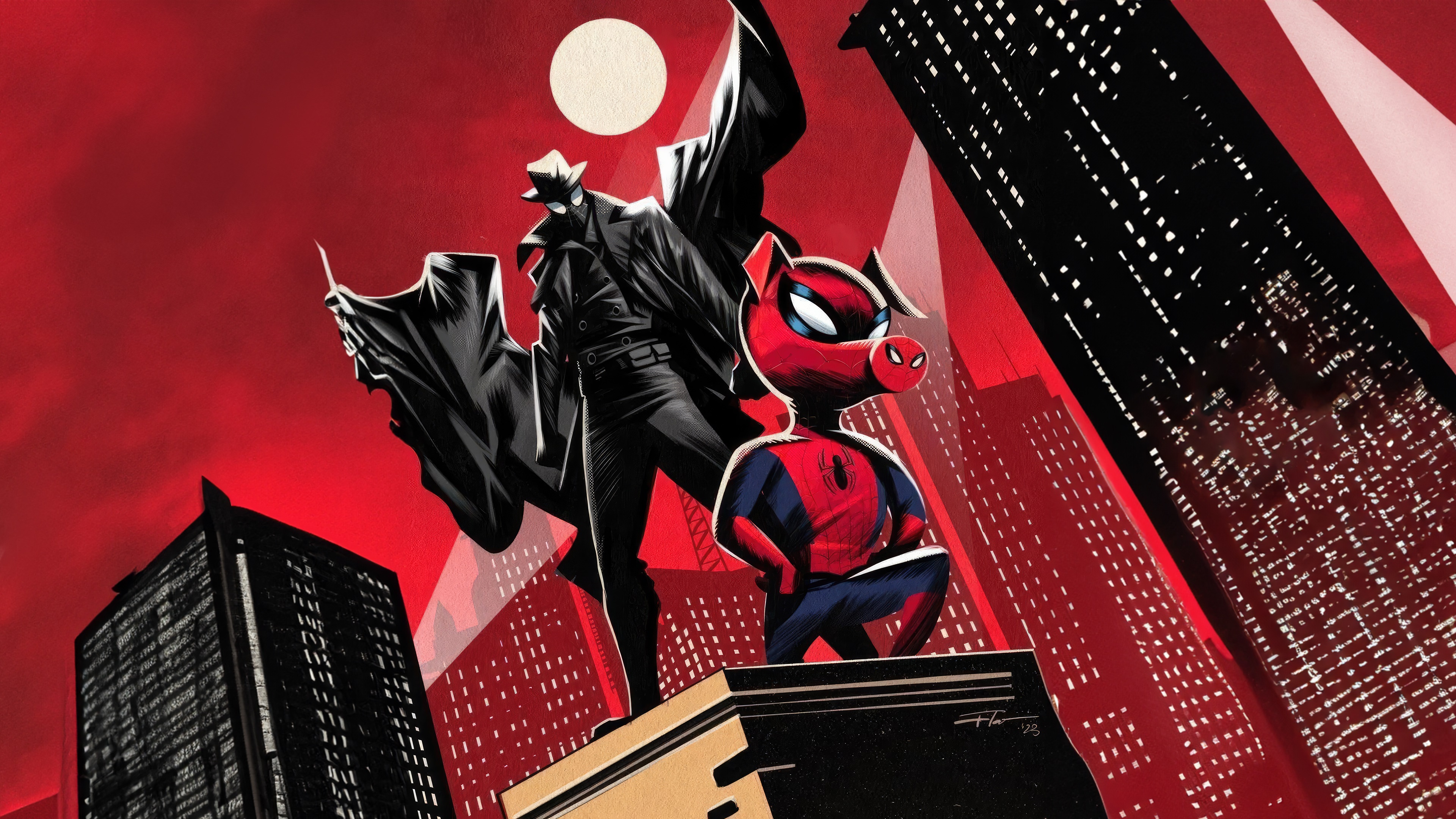 Spider-Man Noir and Spider-Ham in a city at night HD Wallpaper