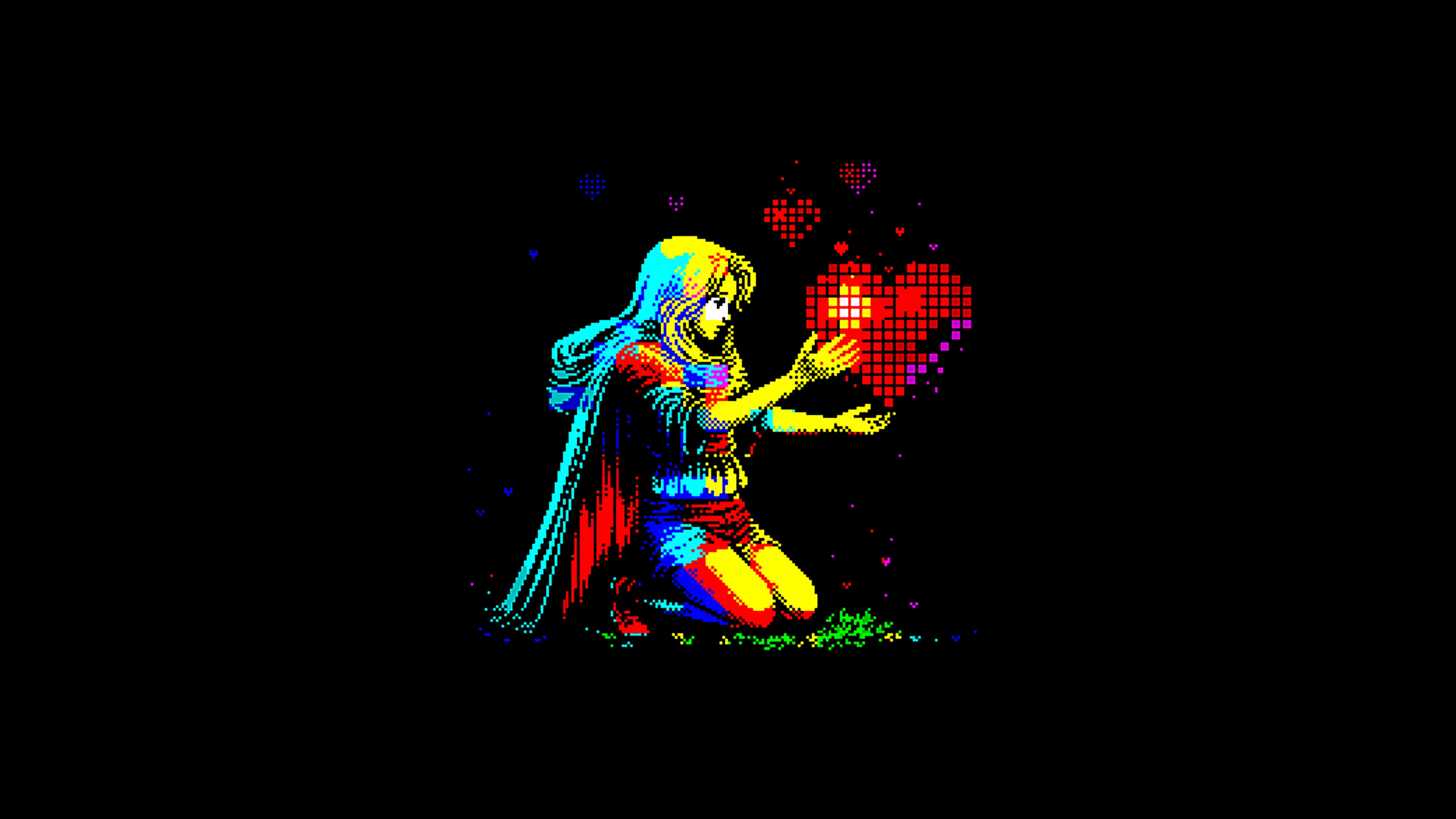 Pixel art of a girl holding a glowing heart HD Wallpaper