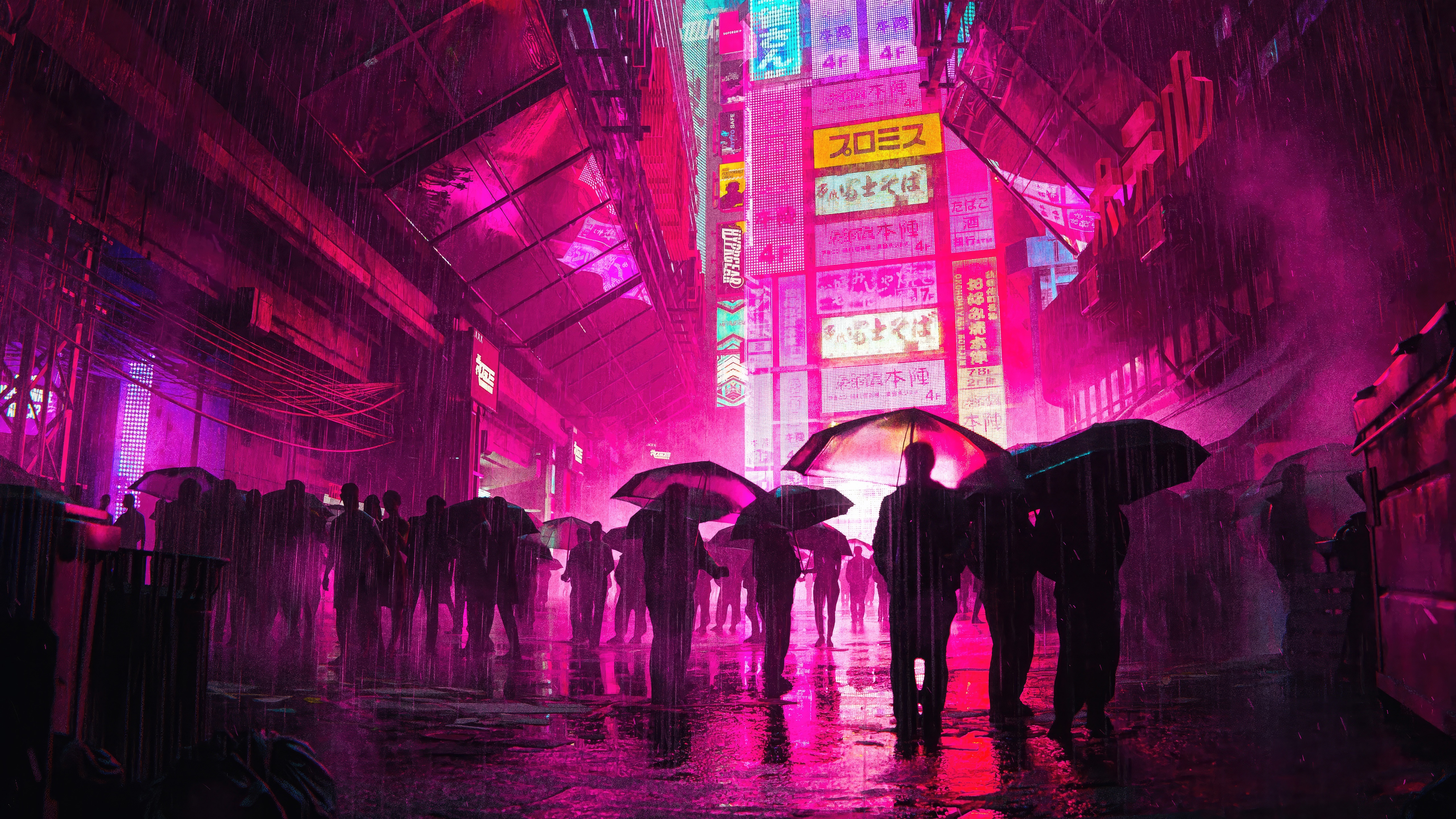 Cyberpunk street scene with people in the rain HD Wallpaper