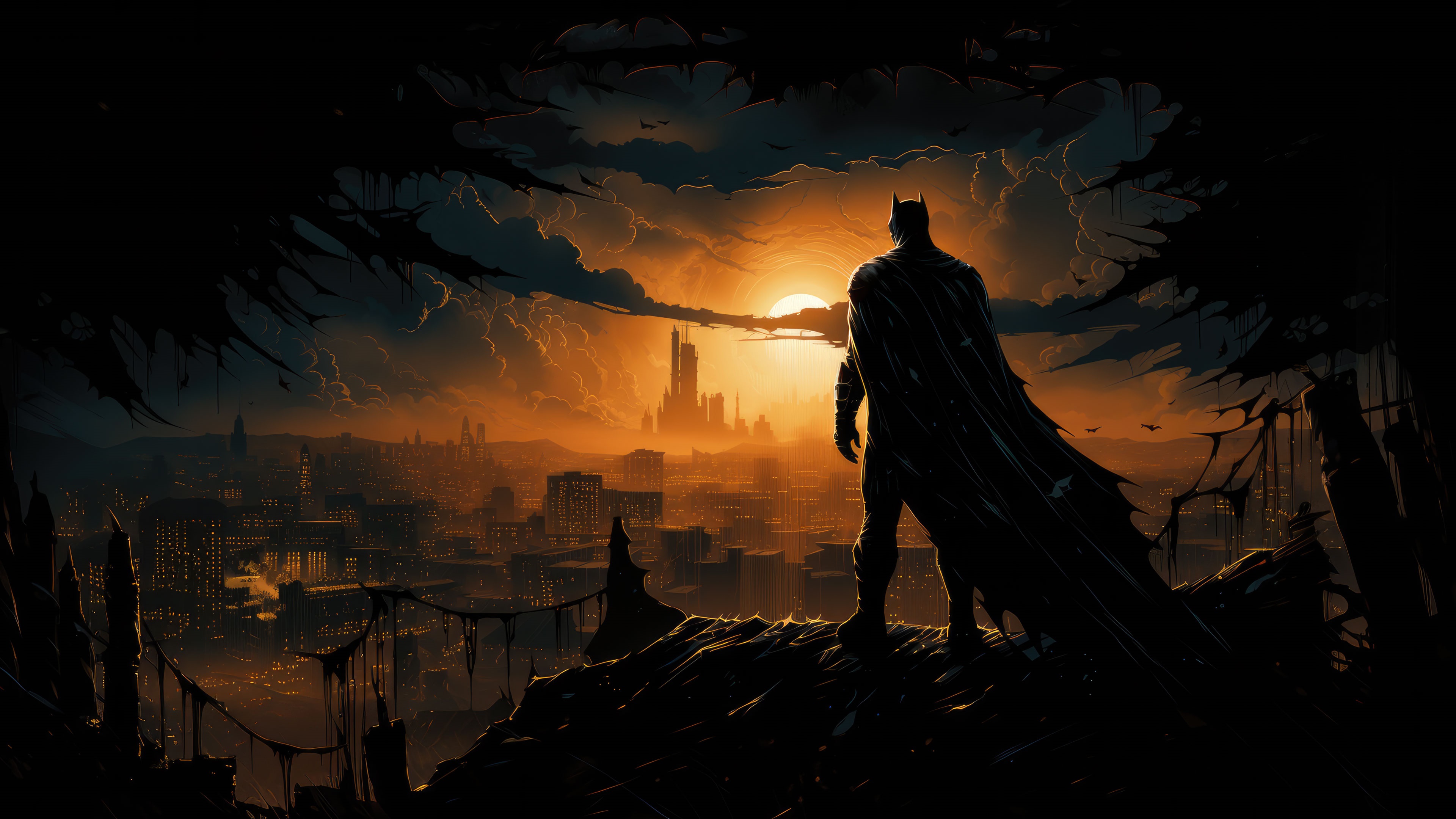 Batman overlooking a city at sunset 4K HD Wallpaper
