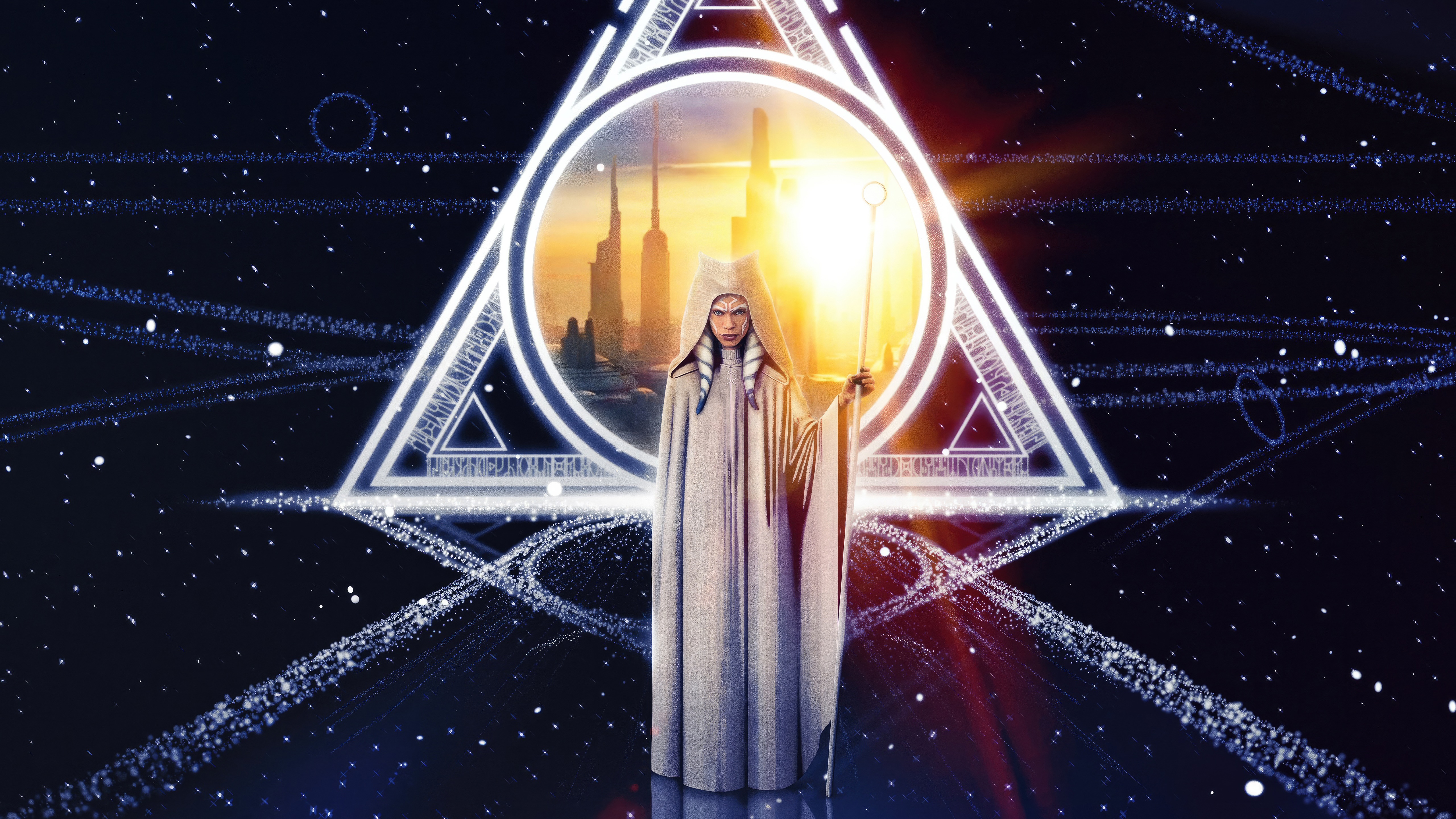 Ahsoka Tano in a cosmic triangular portal HD Wallpaper