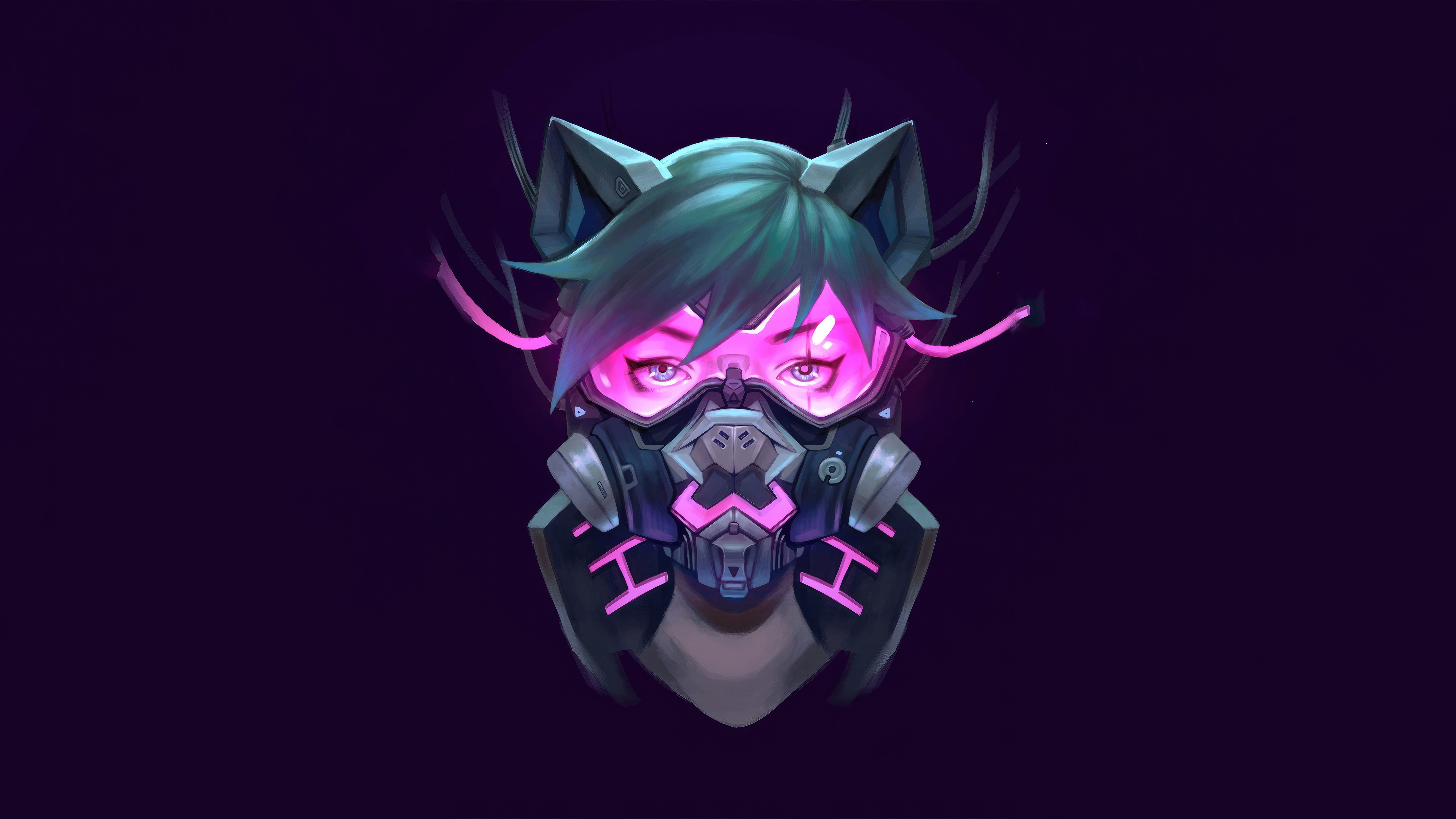 Cyberpunk Artwork with Cat Ears and Gas Mask HD Wallpaper
